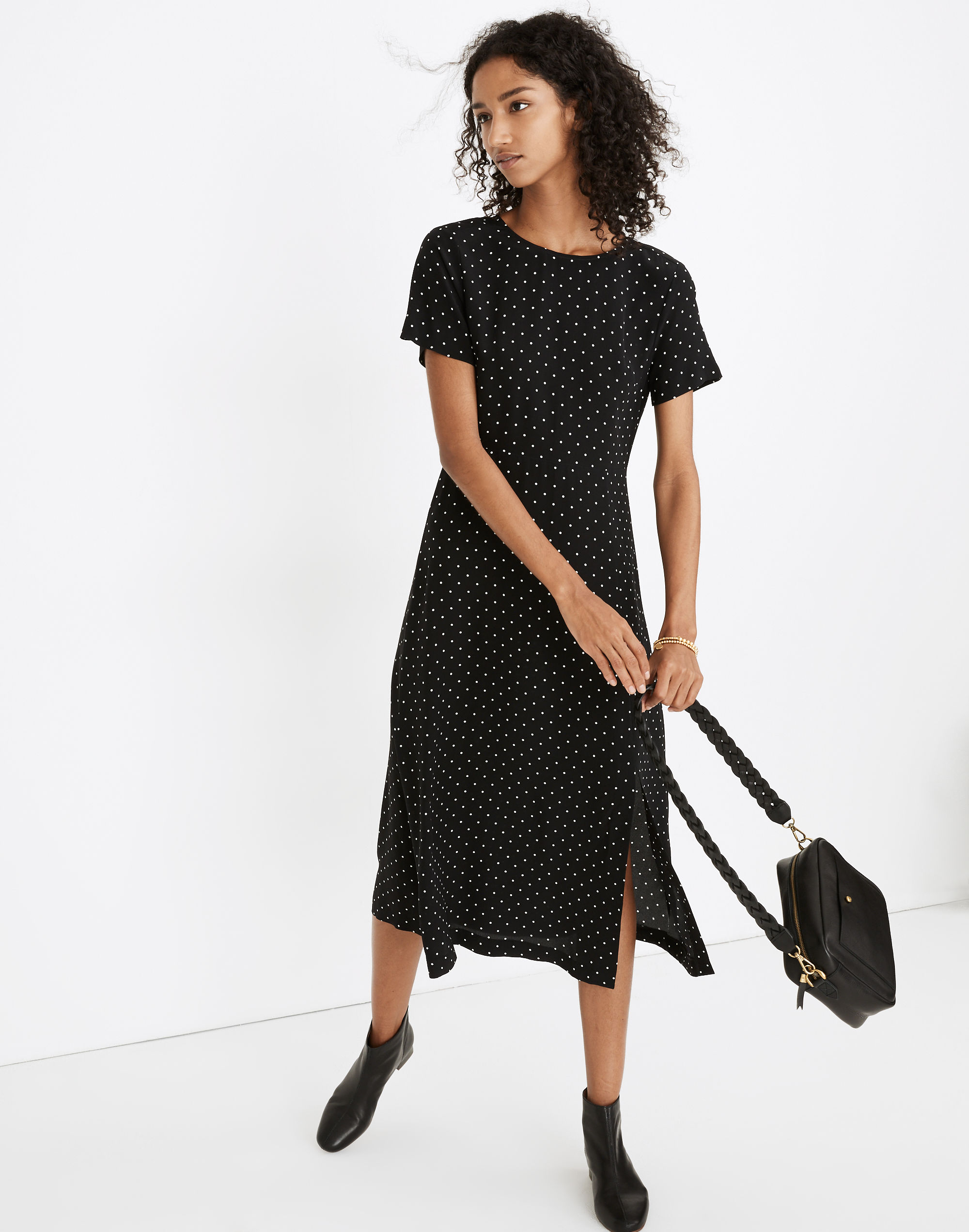 Silk Crewneck Midi Dress in Polka Dot