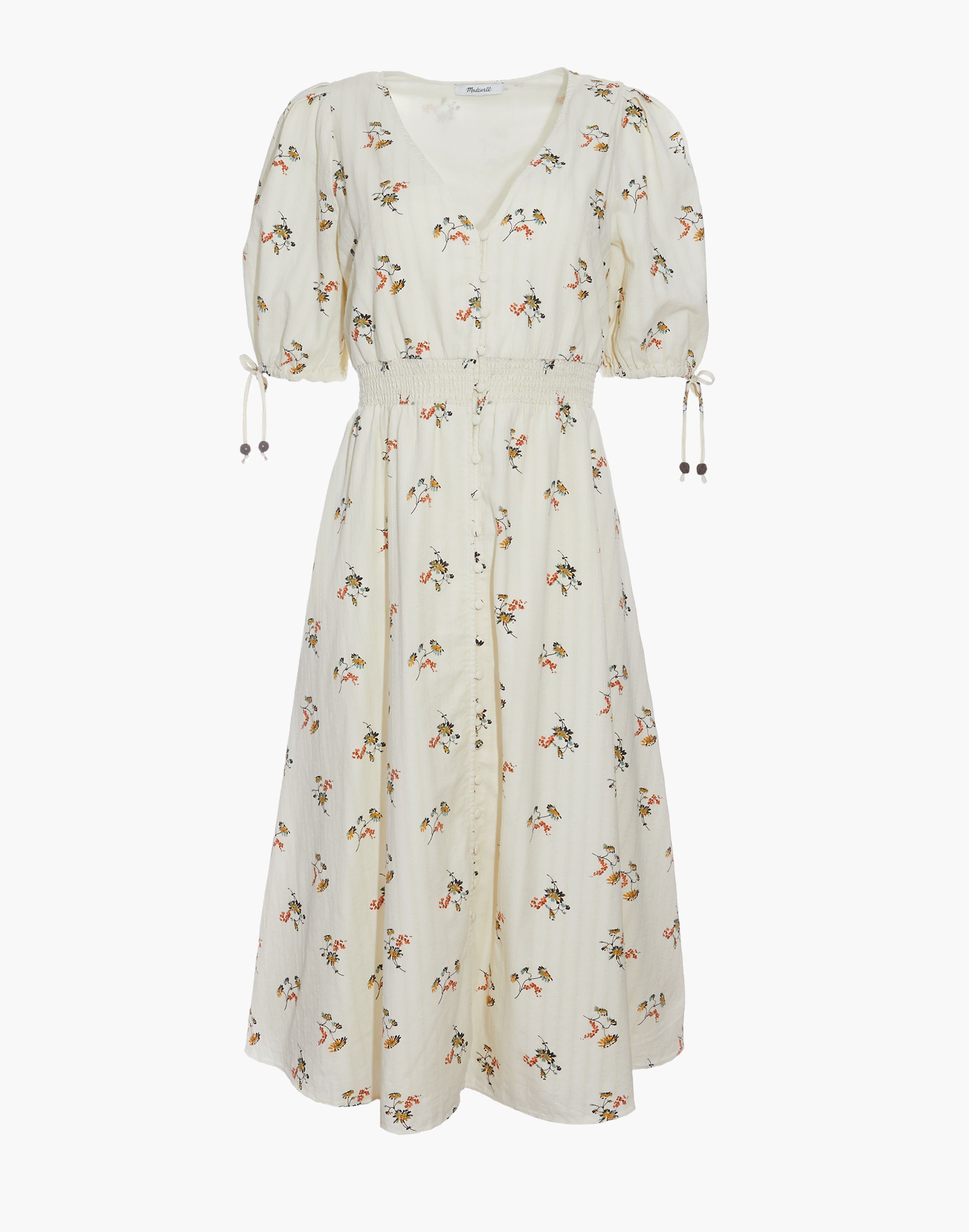 Tie-Sleeve Smocked-Waist Button-Front Midi Dress