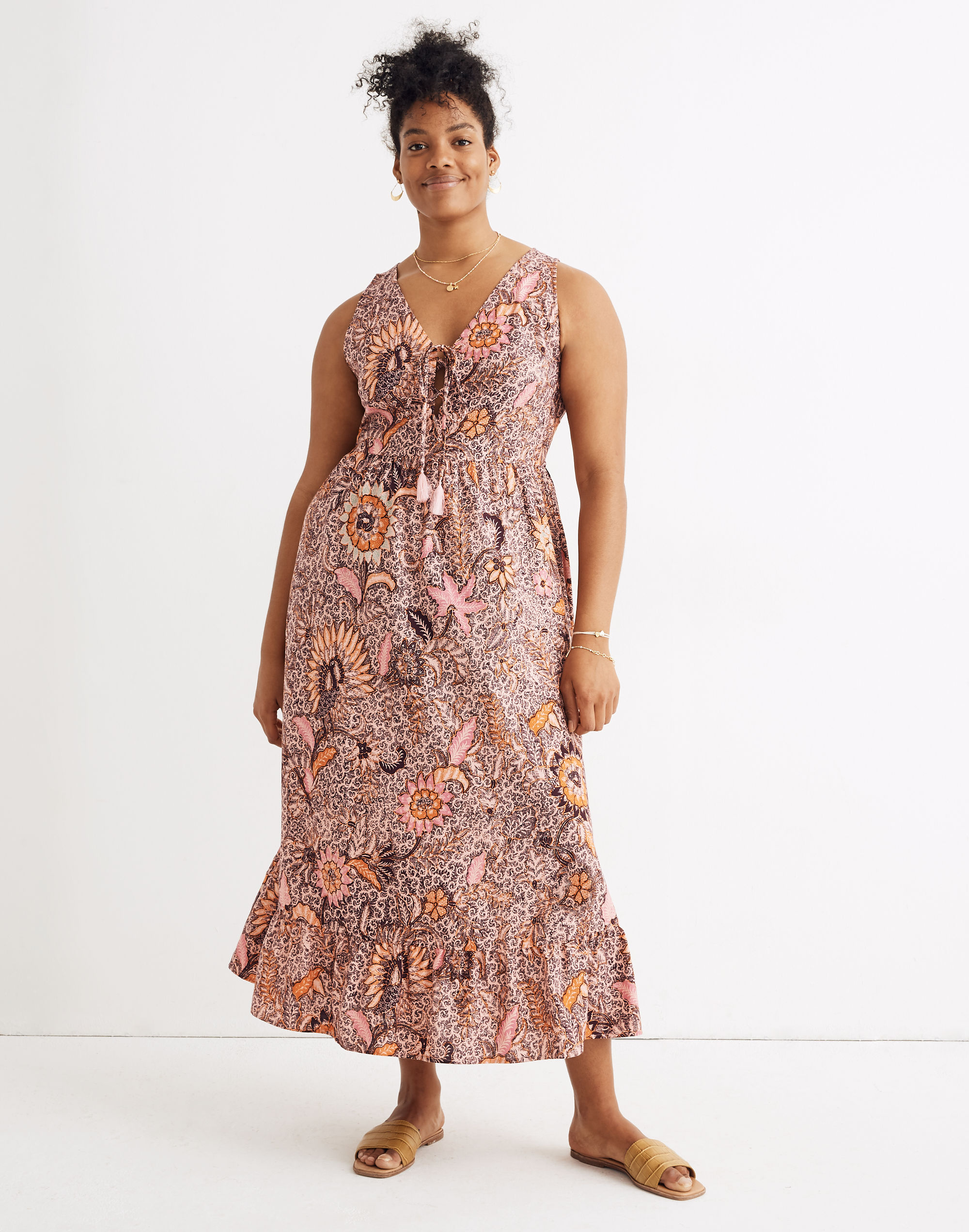 lace-up ruffle-hem midi dress in bali blooms