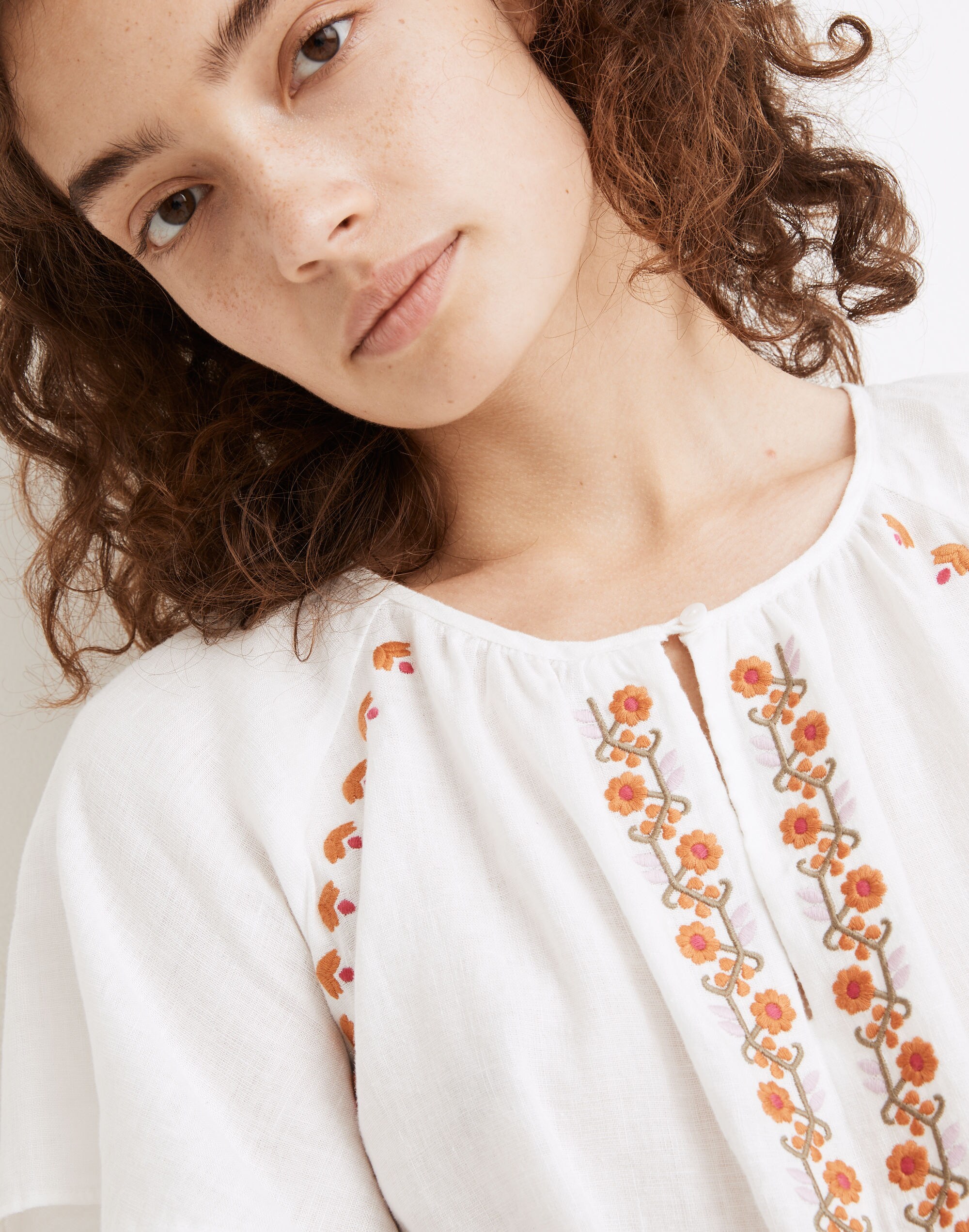 Embroidered Linen-Blend Raglan Ruffle Mini Dress