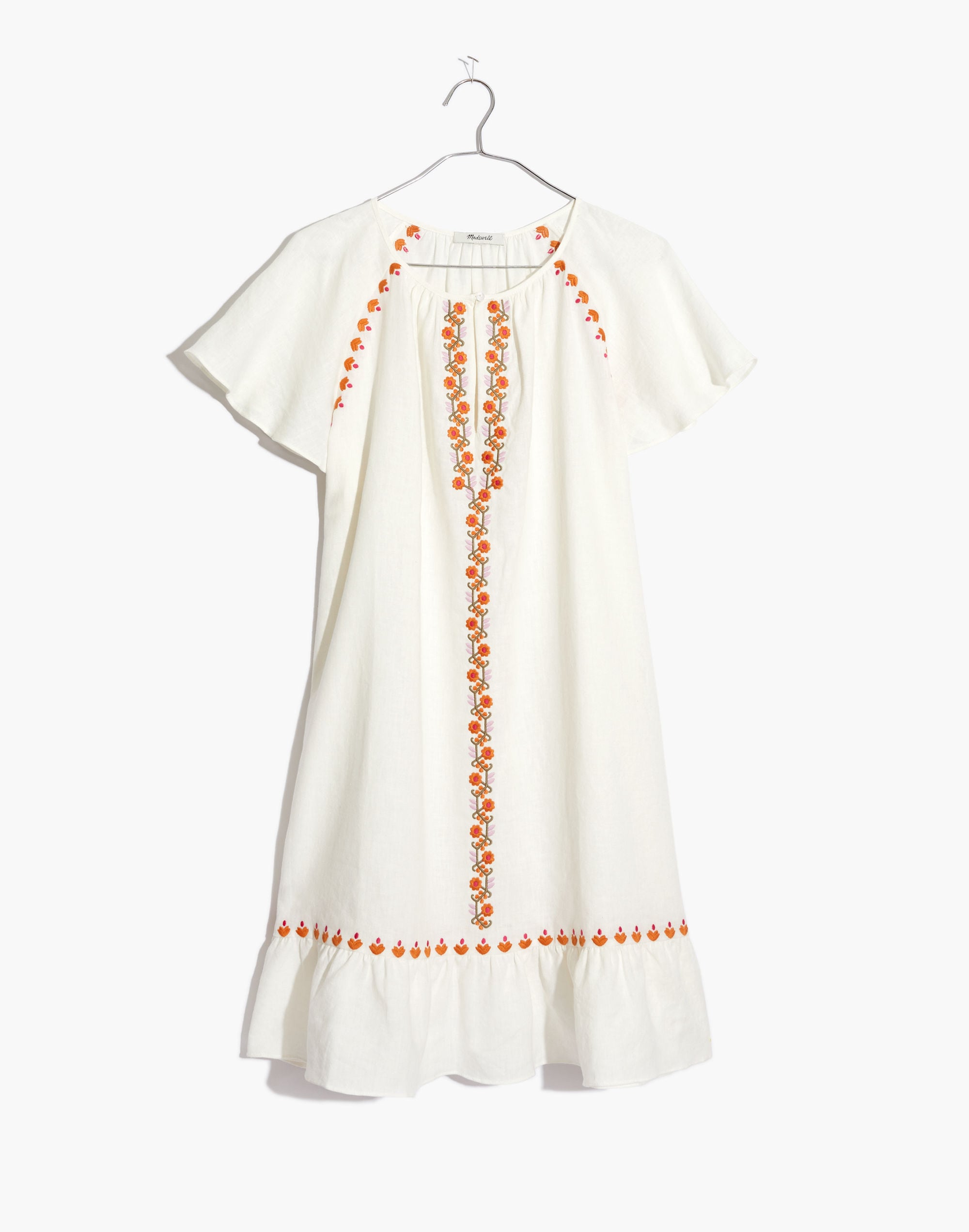 Embroidered Linen-Blend Raglan Ruffle Mini Dress