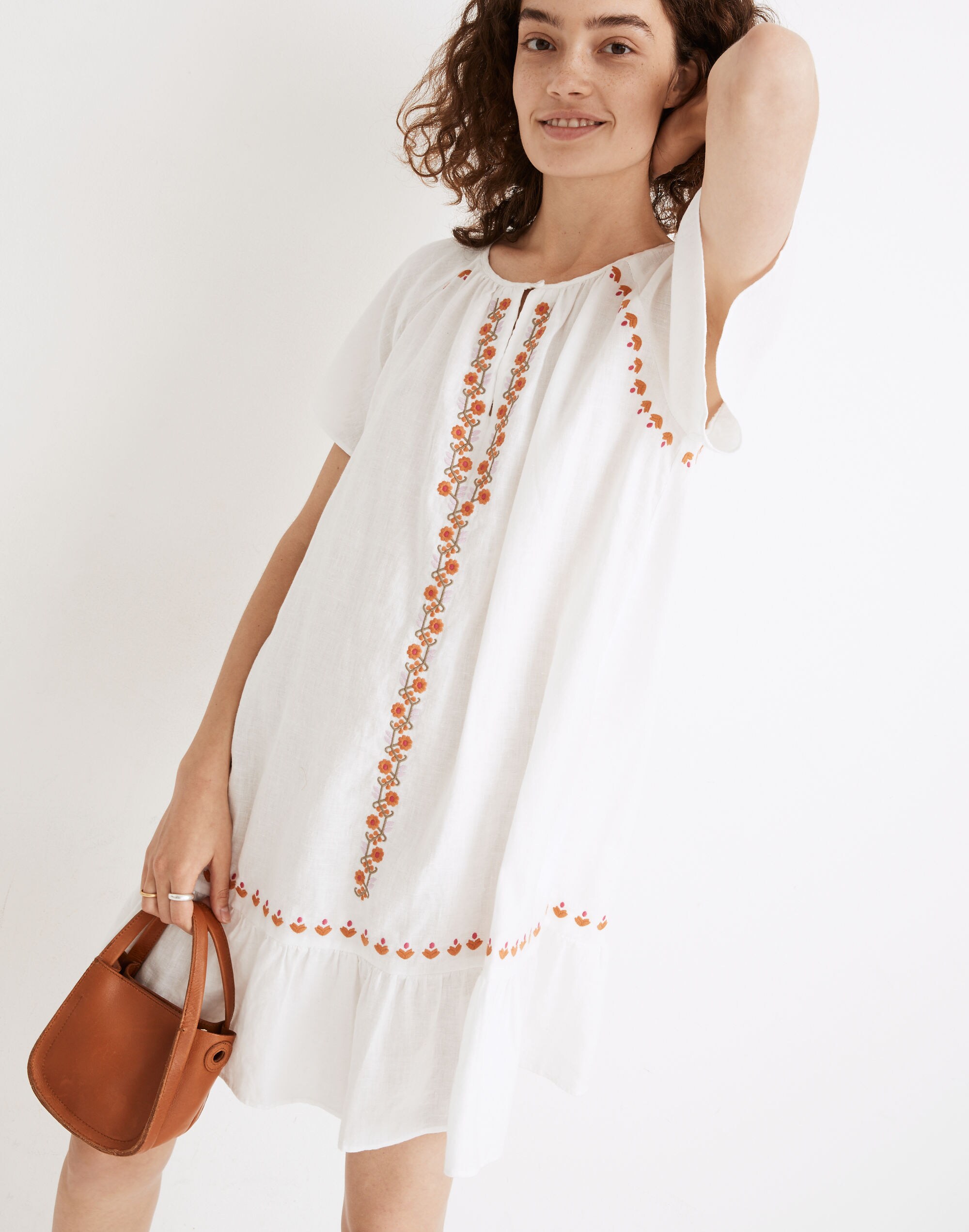 Embroidered Linen-Blend Raglan Ruffle Mini Dress