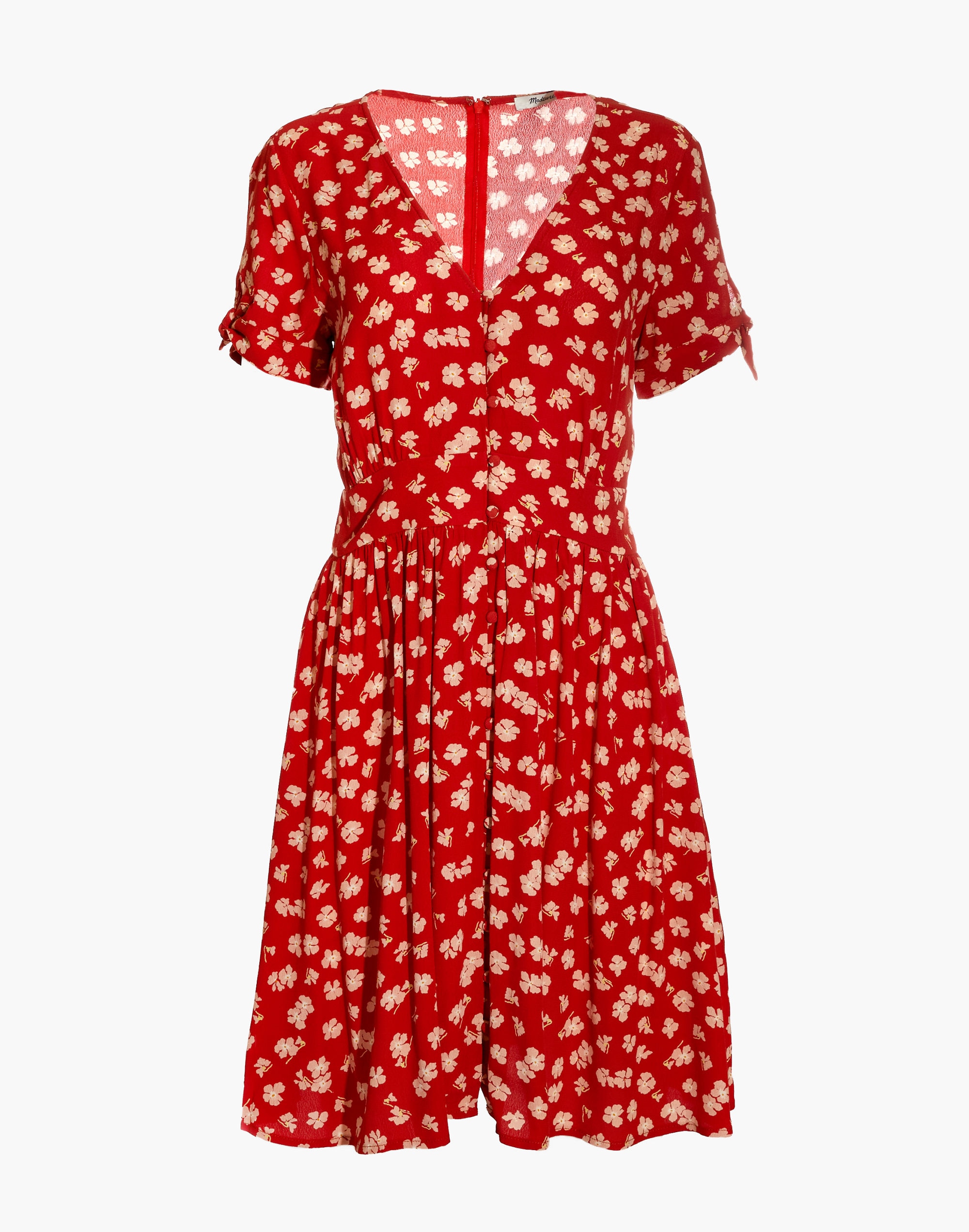 Button-Front Tie-Sleeve Retro Dress in Happy Hibiscus