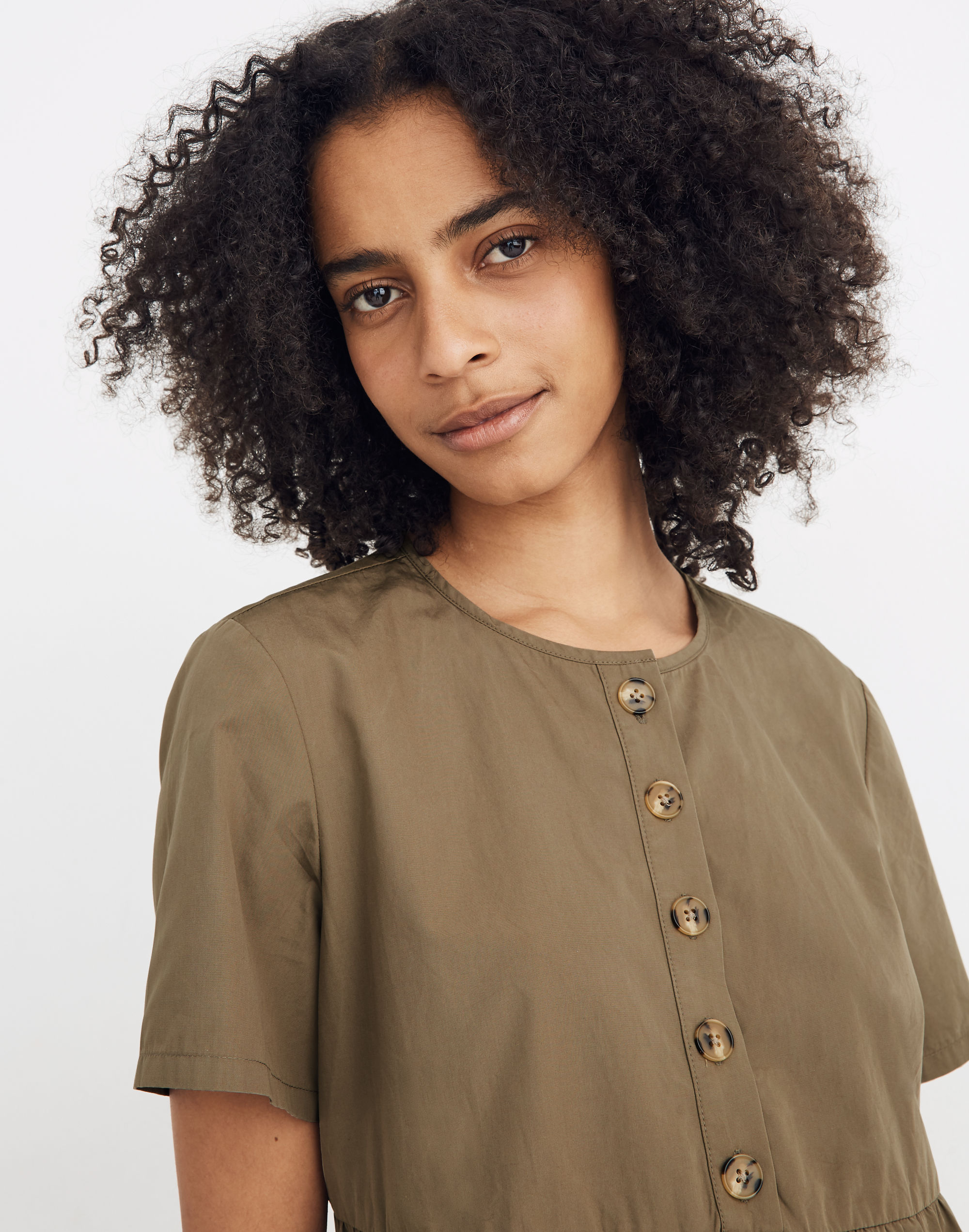 Button-Front Short-Sleeve Tiered Mini Dress