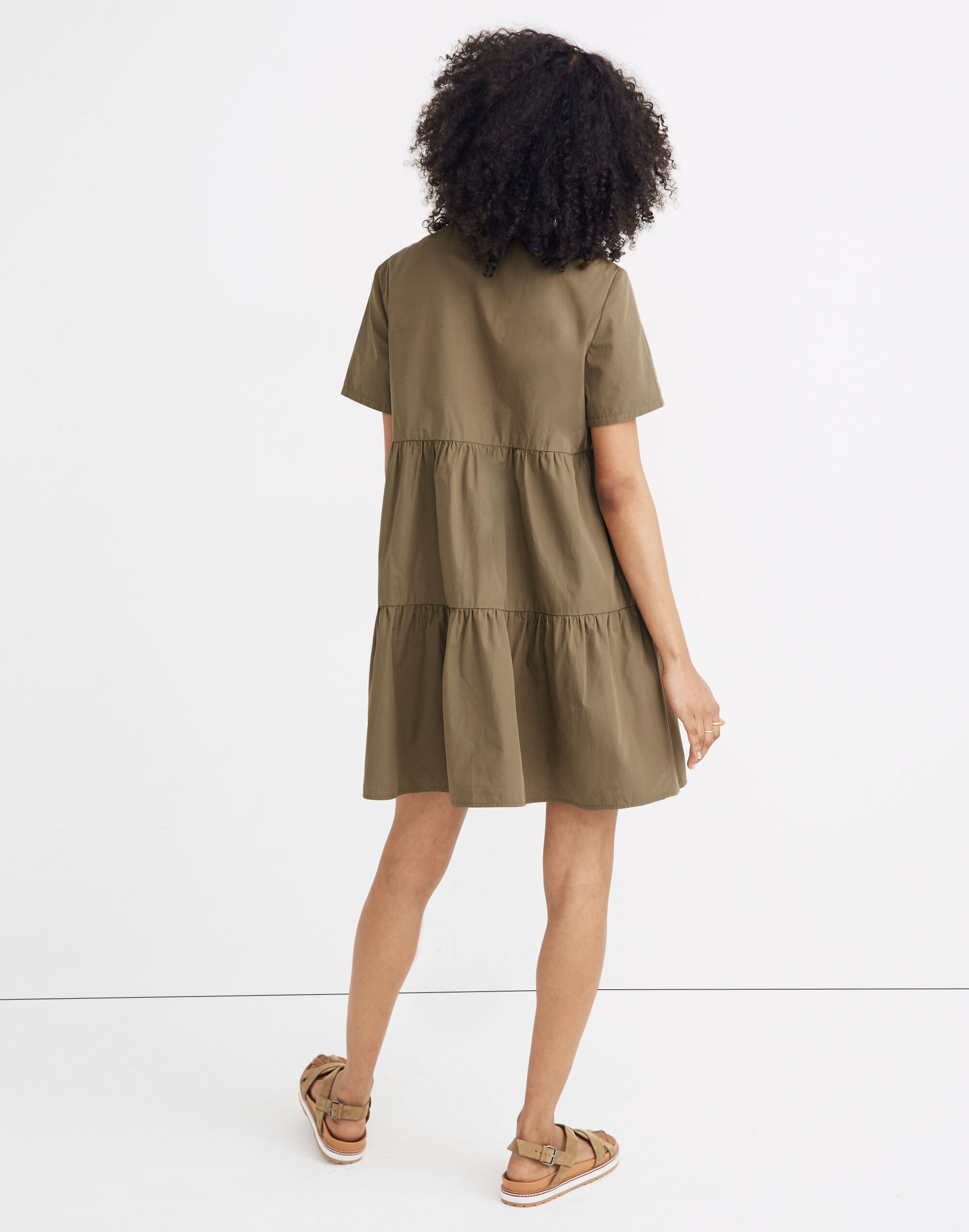 Button-Front Short-Sleeve Tiered Mini Dress
