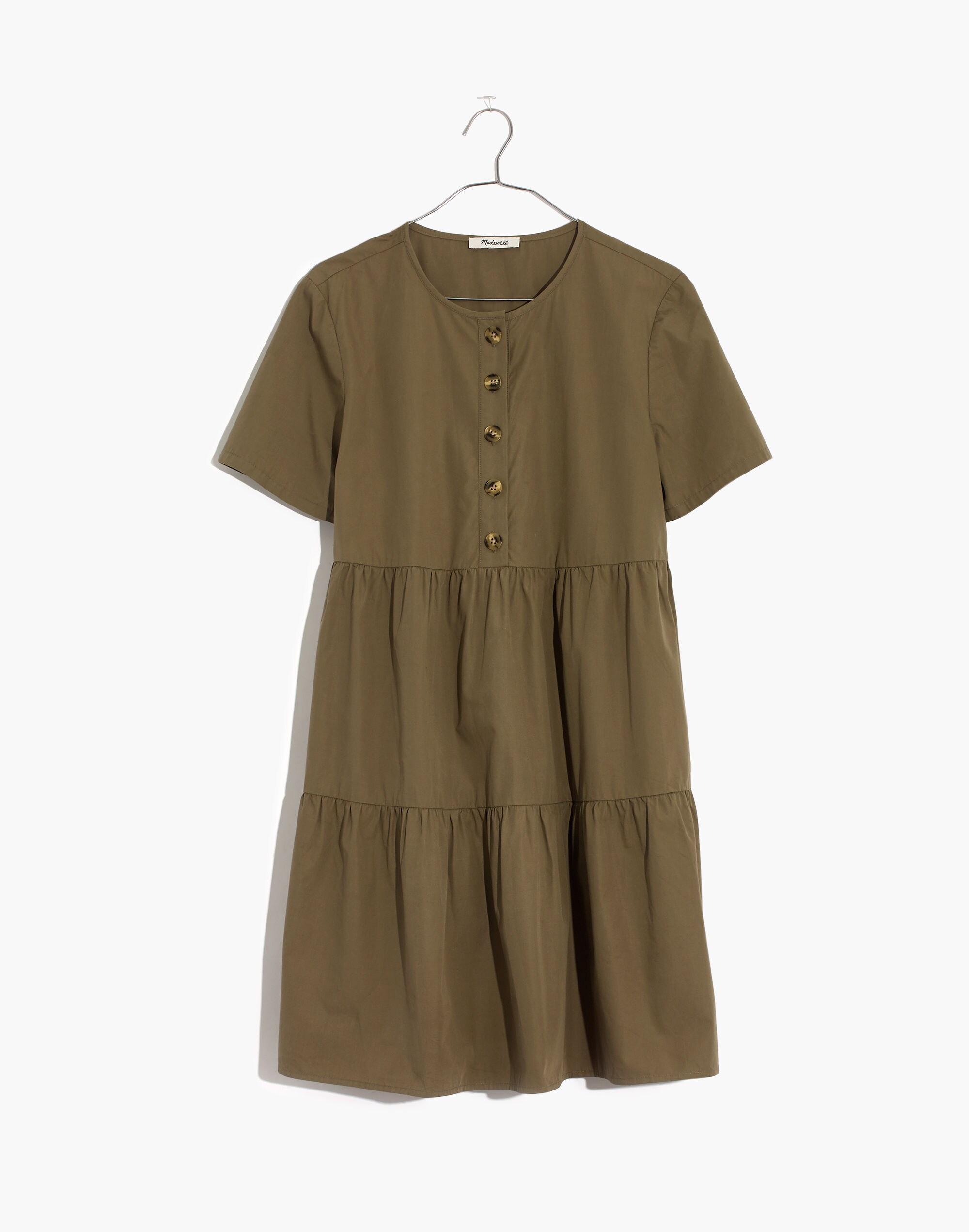 Button-Front Short-Sleeve Tiered Mini Dress