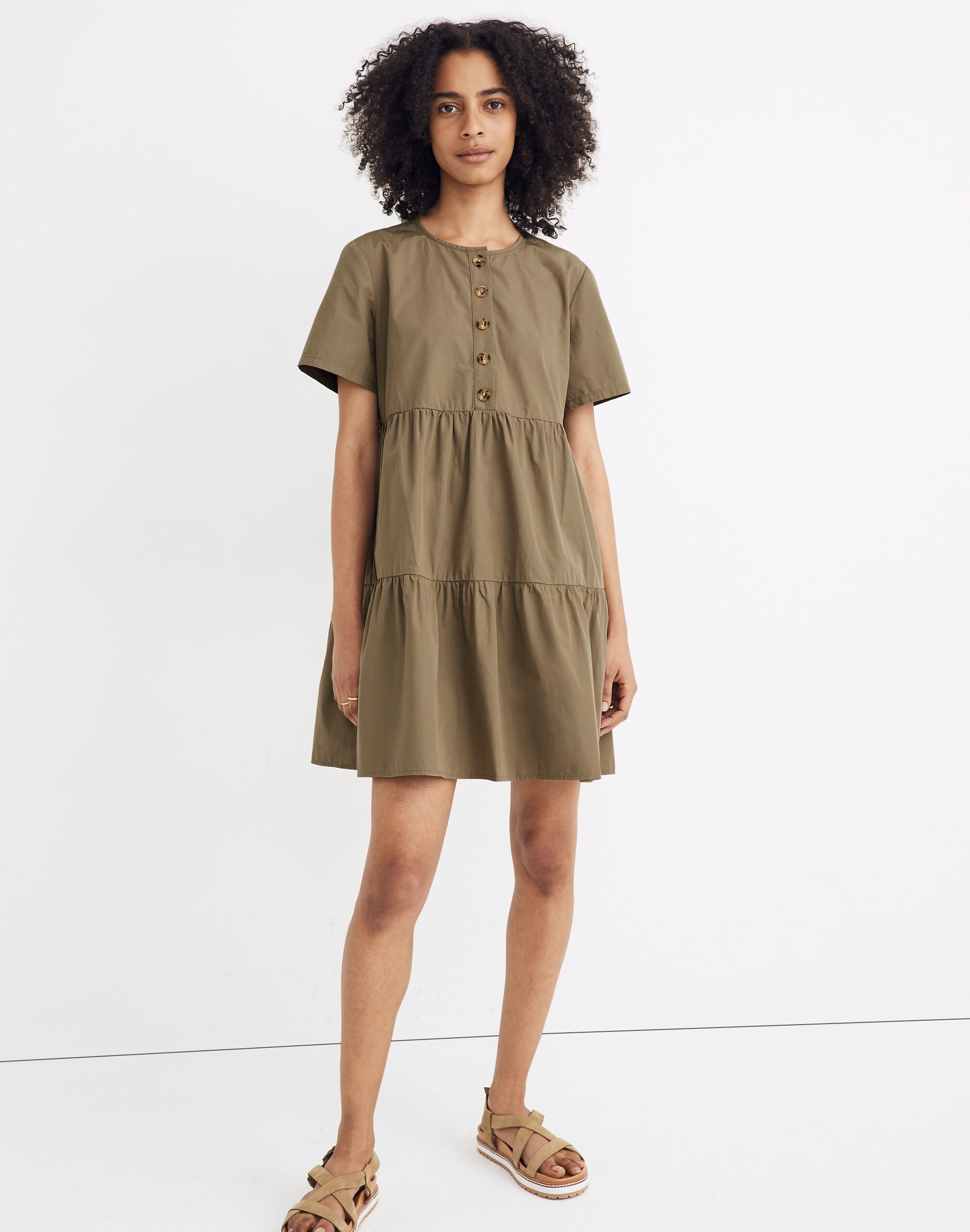 Button-Front Short-Sleeve Tiered Mini Dress