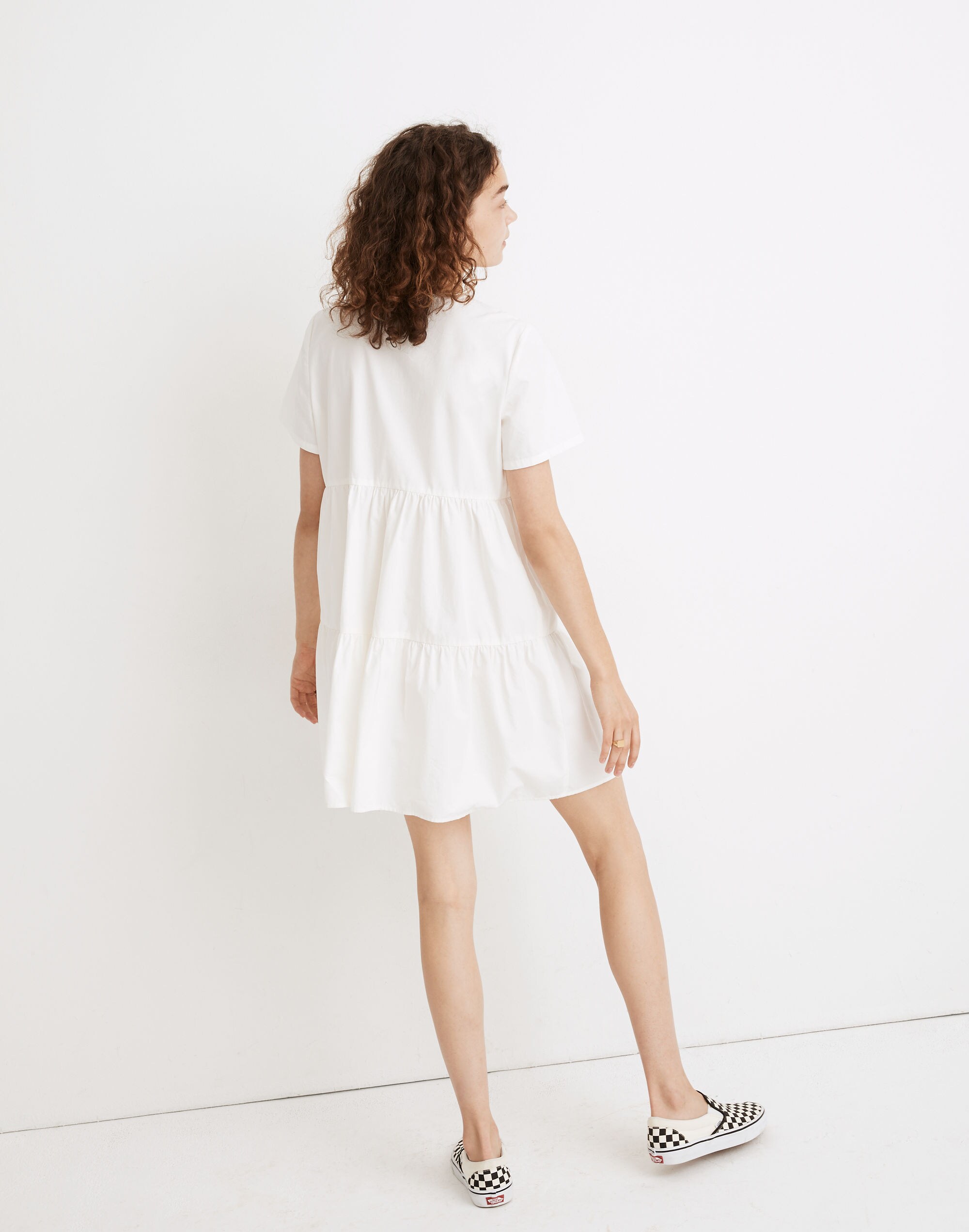 Button-Front Short-Sleeve Tiered Mini Dress