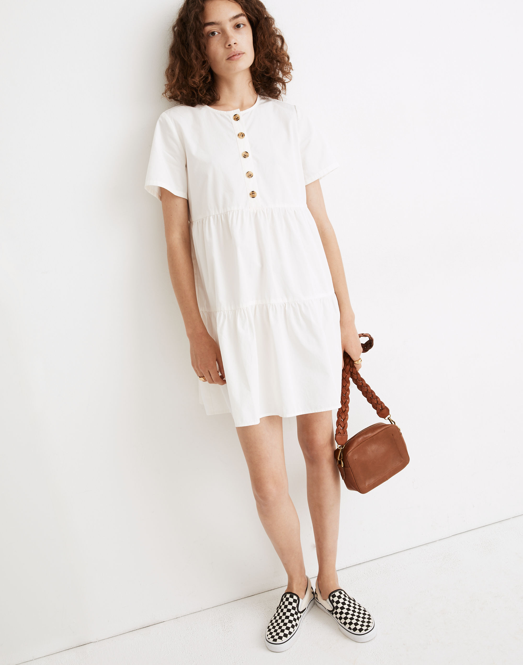 Button-Front Short-Sleeve Tiered Mini Dress