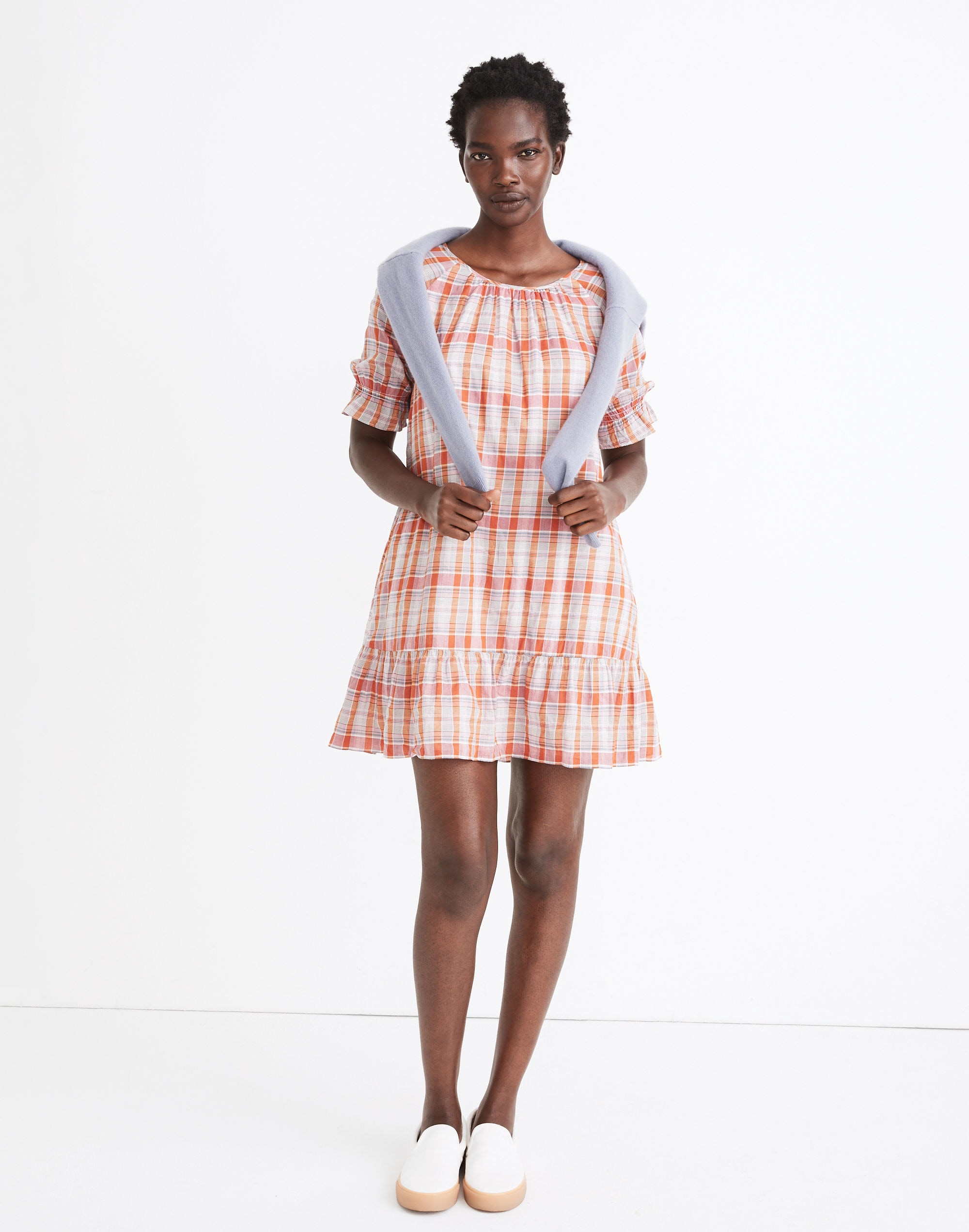 plaid ruffle-sleeve popover mini dress