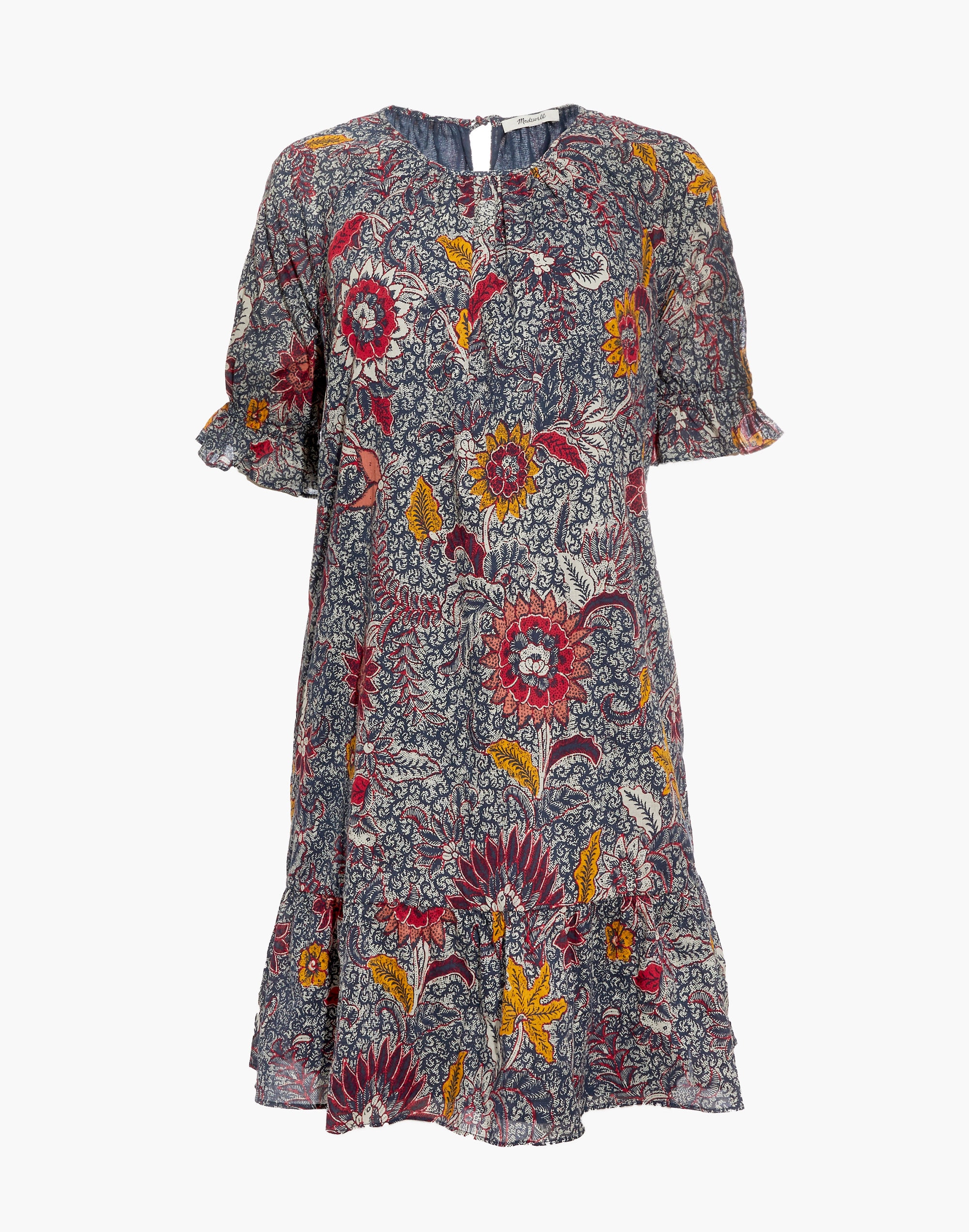 Ruffle-Sleeve Popover Mini Dress in Bali Blooms