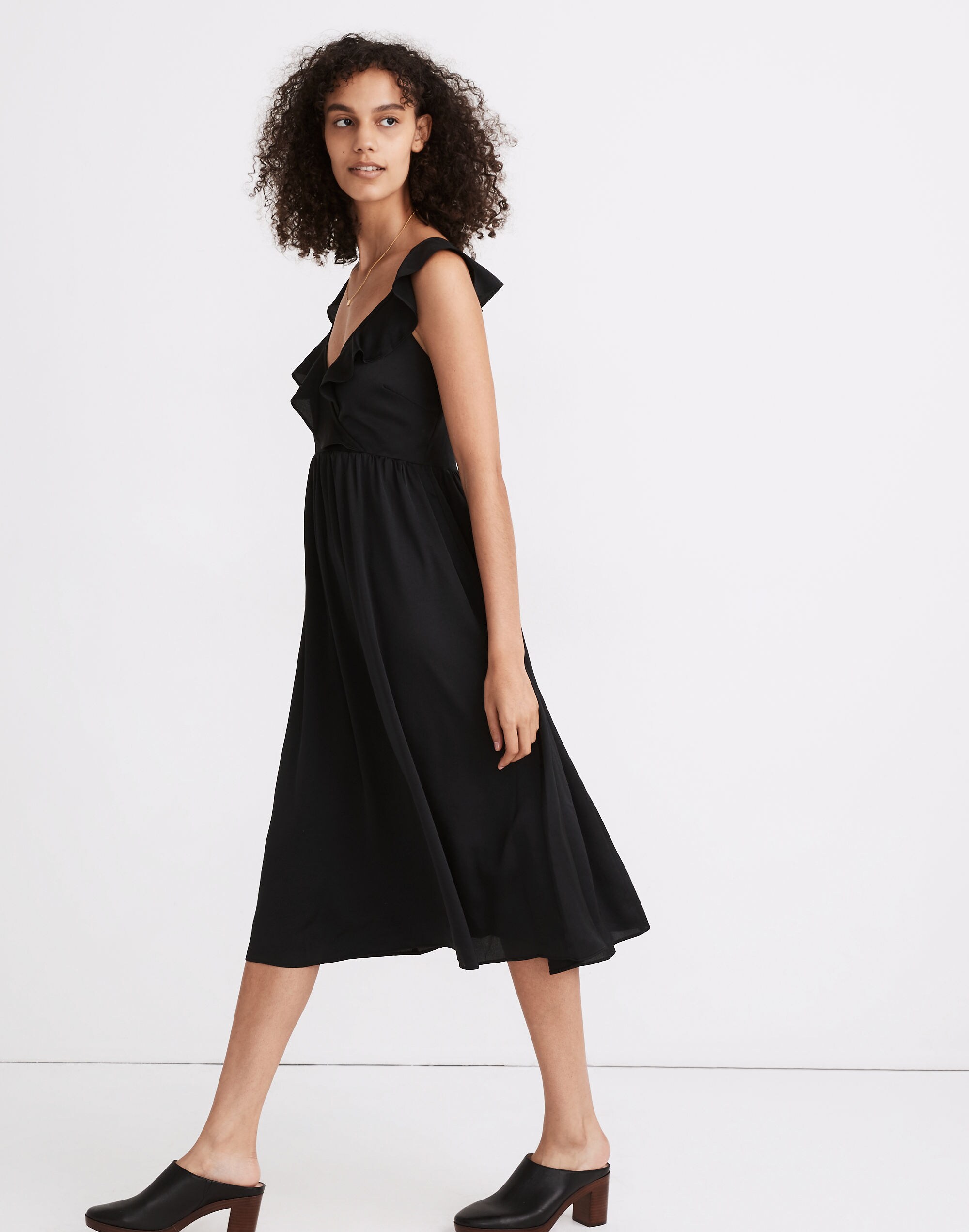 Ruffle-Front Cross-Back Midi Dress