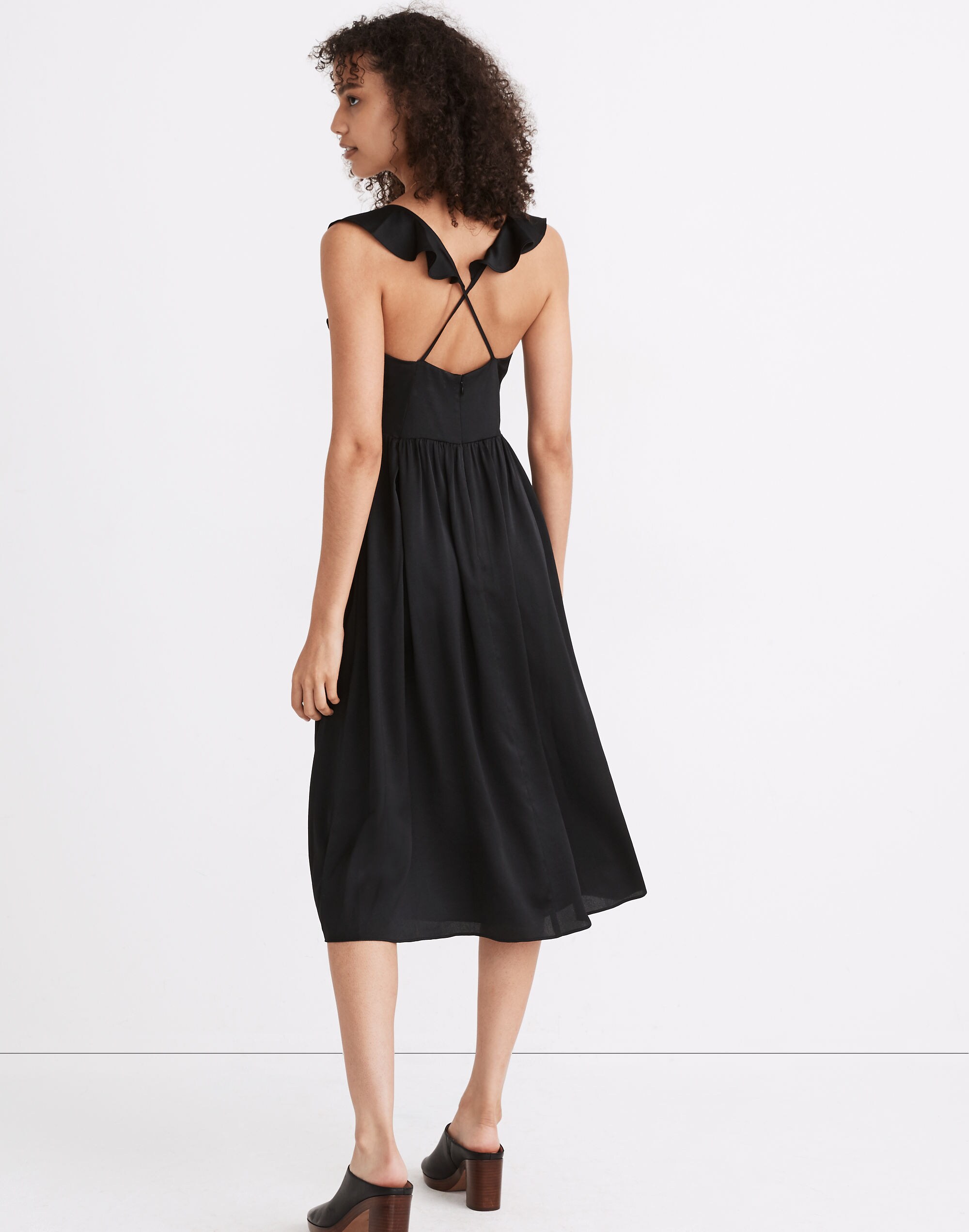 Ruffle-Front Cross-Back Midi Dress