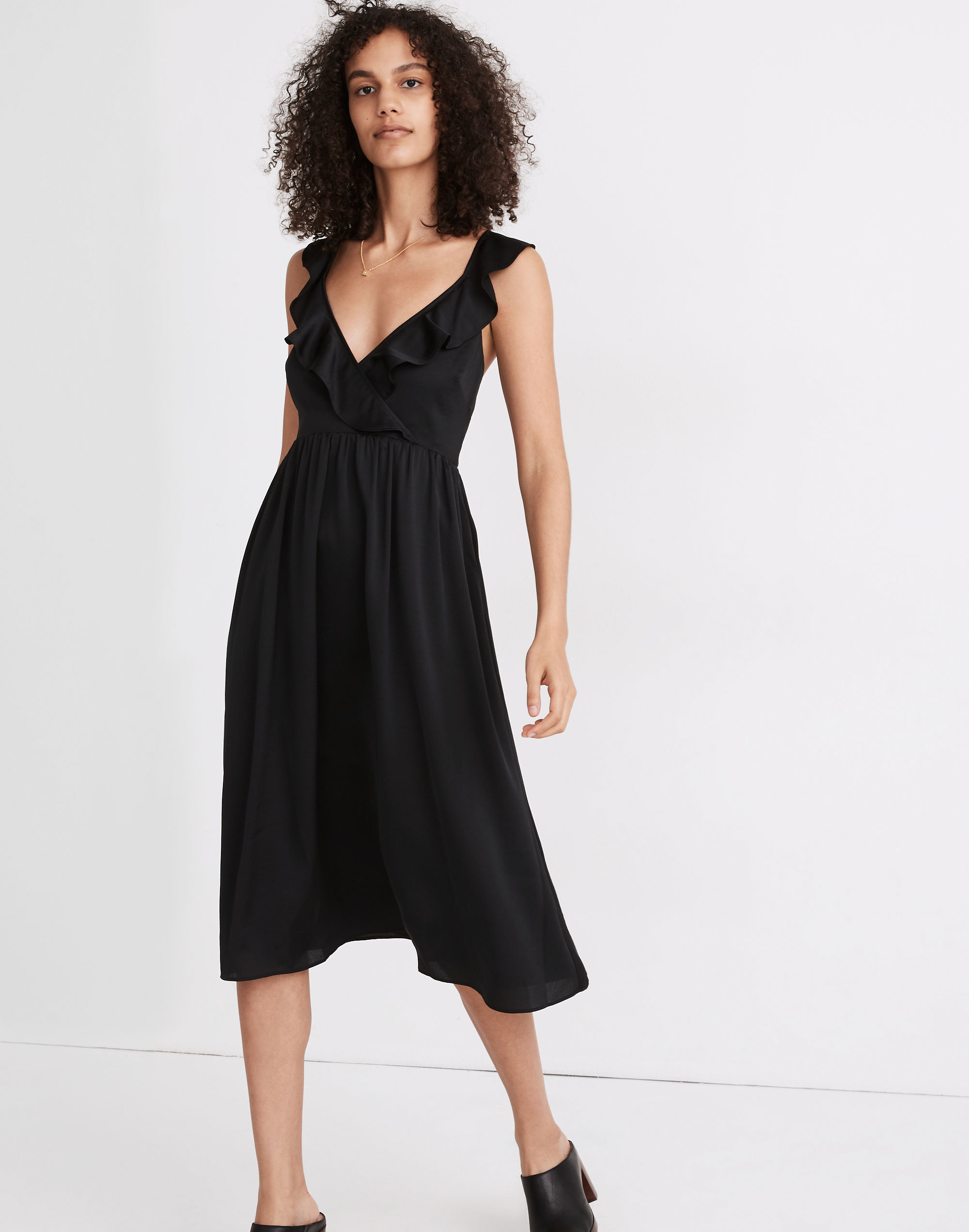 Ruffle-Front Cross-Back Midi Dress