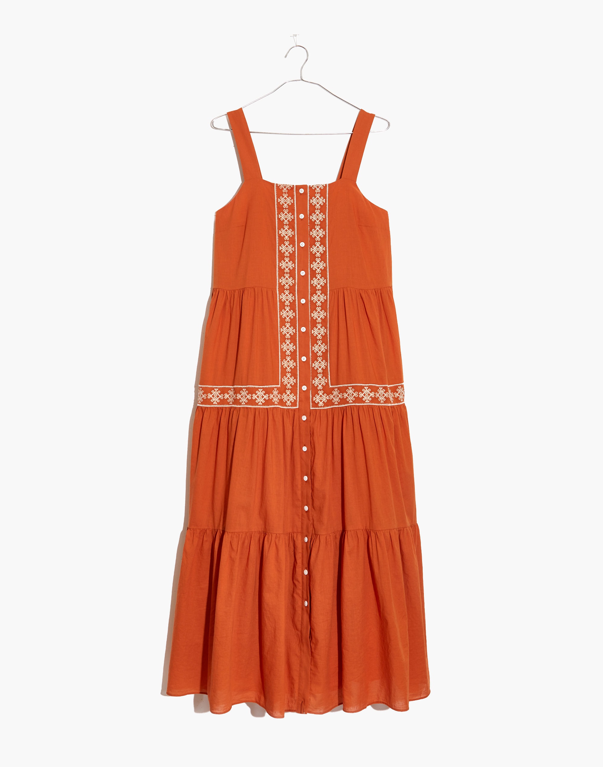 embroidered button-front tiered midi dress