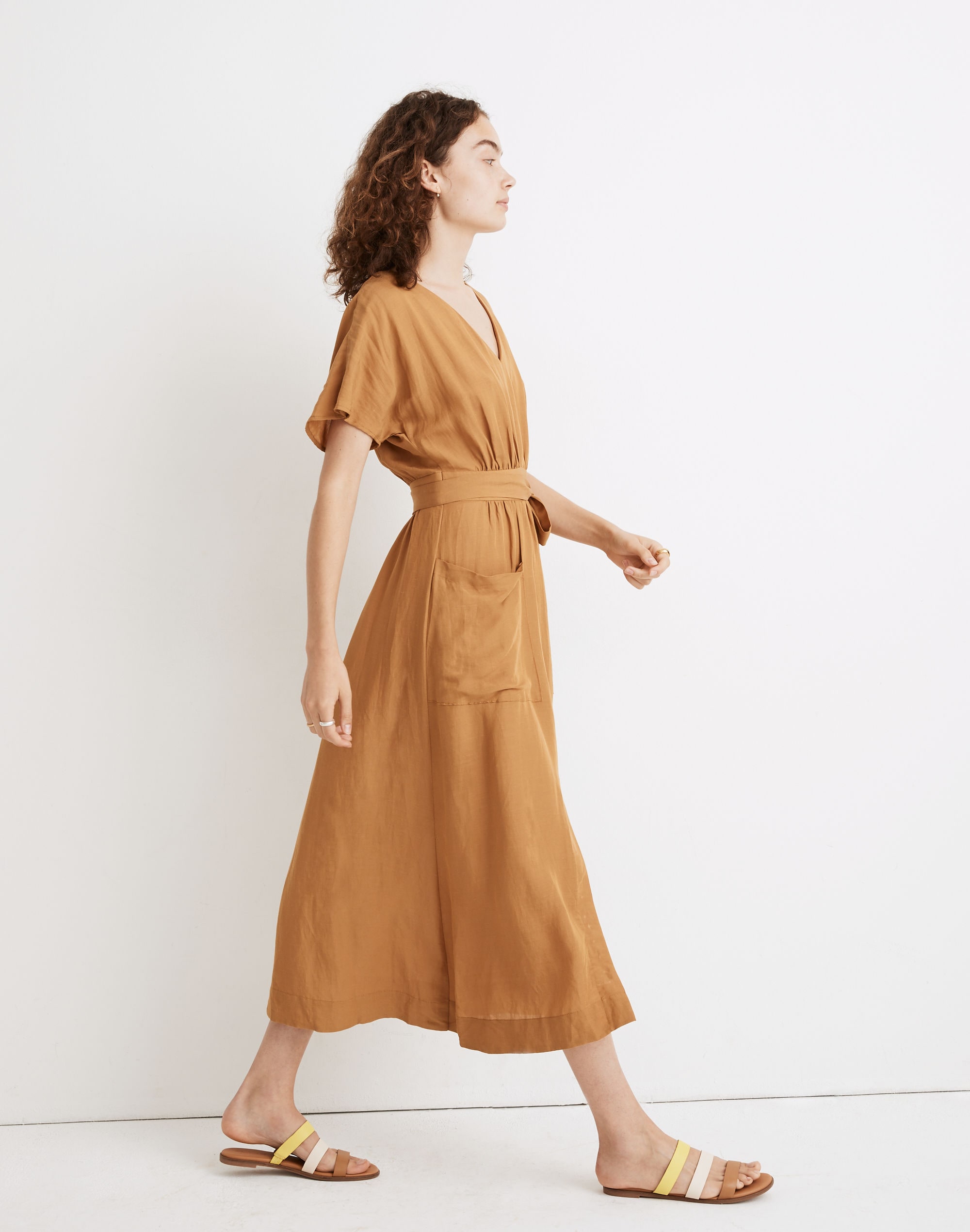 Linen-Blend Dolman-Sleeve Tie-Waist Midi Dress