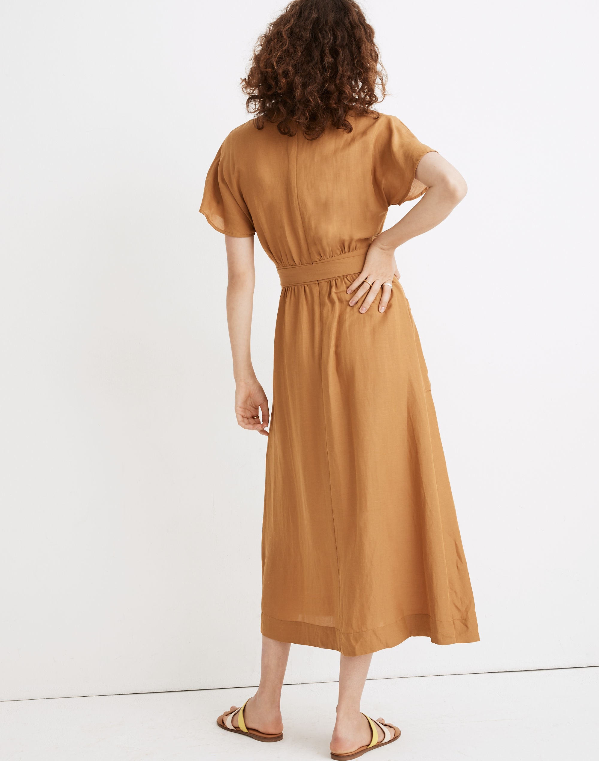 Linen-Blend Dolman-Sleeve Tie-Waist Midi Dress