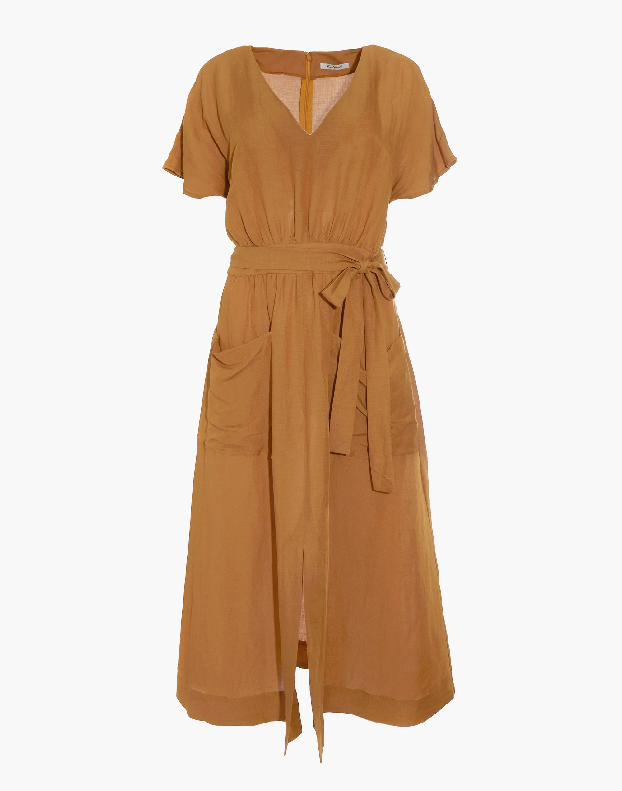 Linen-Blend Dolman-Sleeve Tie-Waist Midi Dress