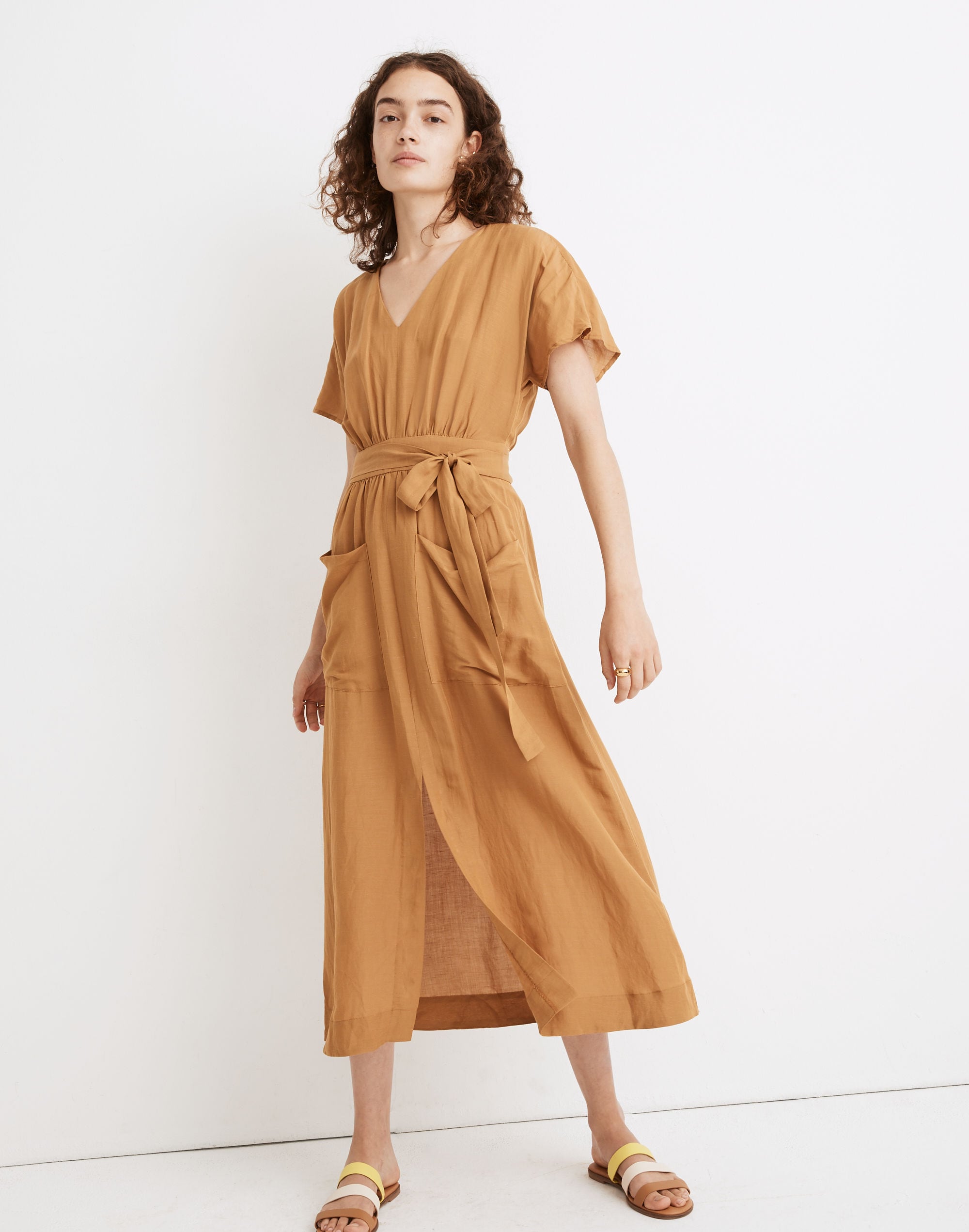 linen-blend dolman-sleeve tie-waist midi dress