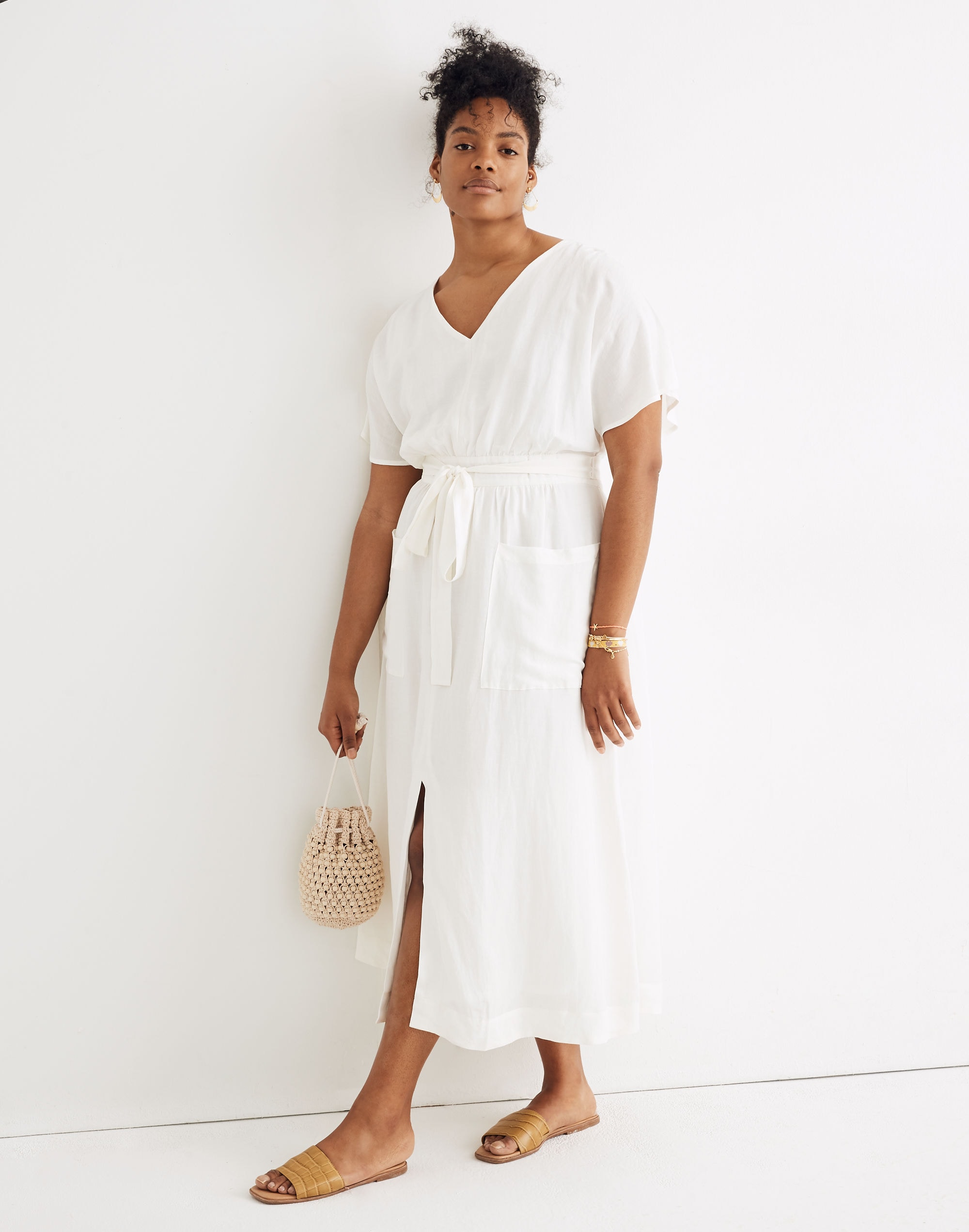 Linen-Blend Dolman-Sleeve Tie-Waist Midi Dress