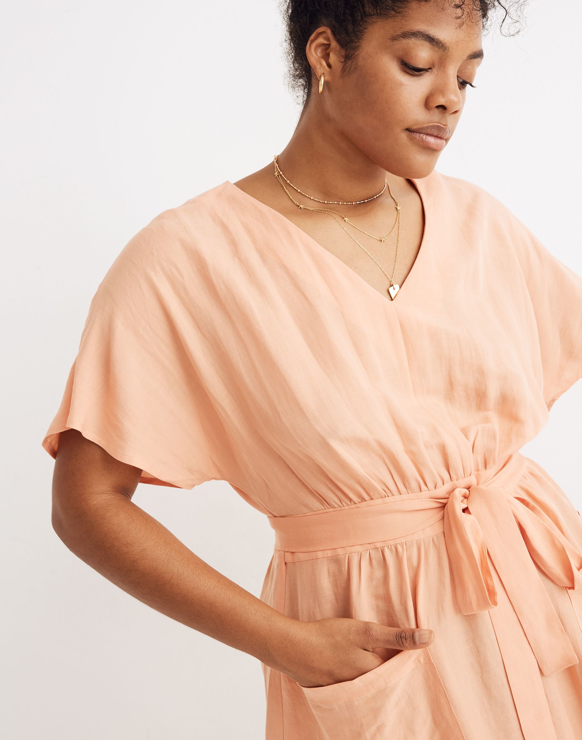 Petite Linen-Blend Dolman-Sleeve Tie-Waist Midi Dress
