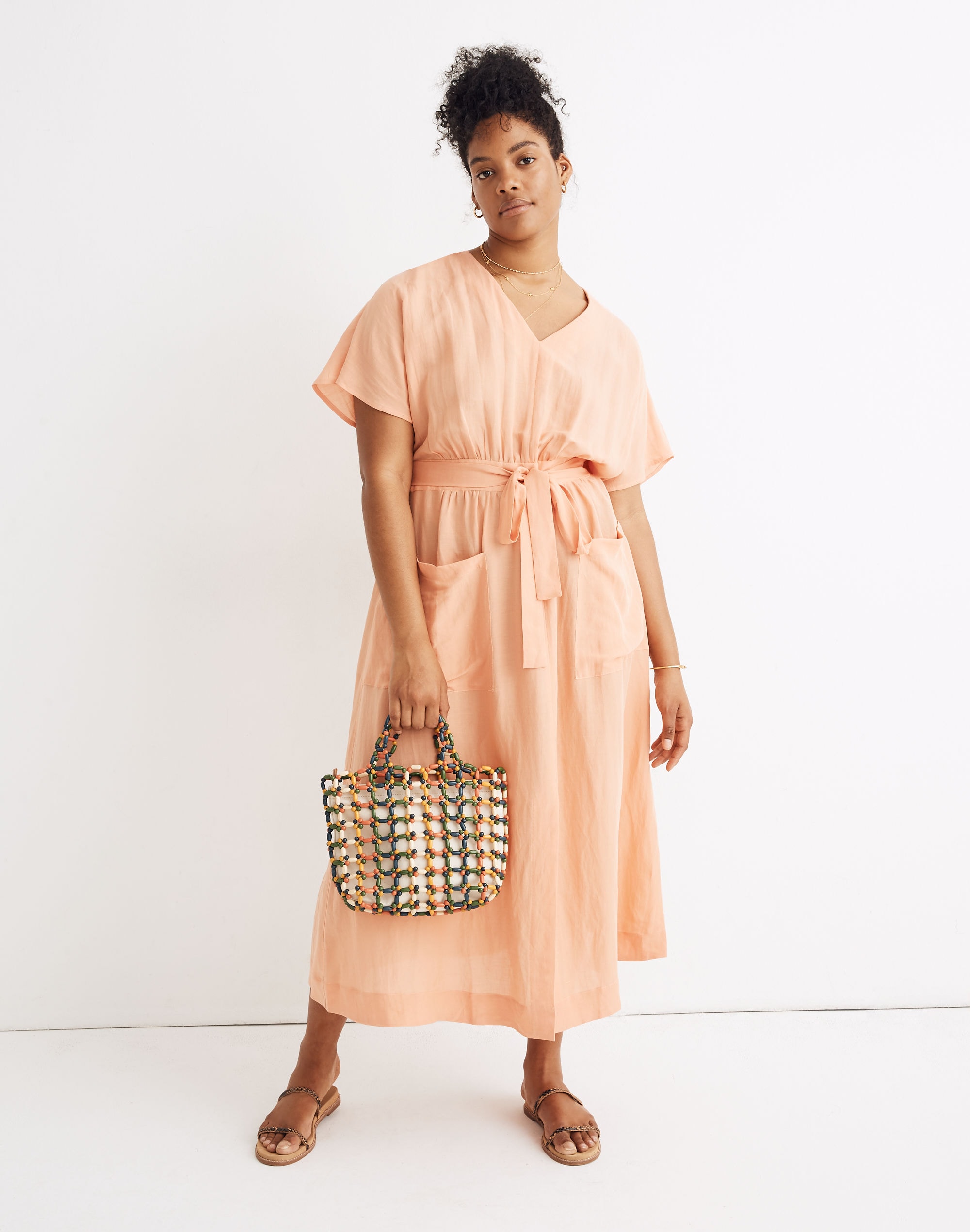 Petite Linen-Blend Dolman-Sleeve Tie-Waist Midi Dress