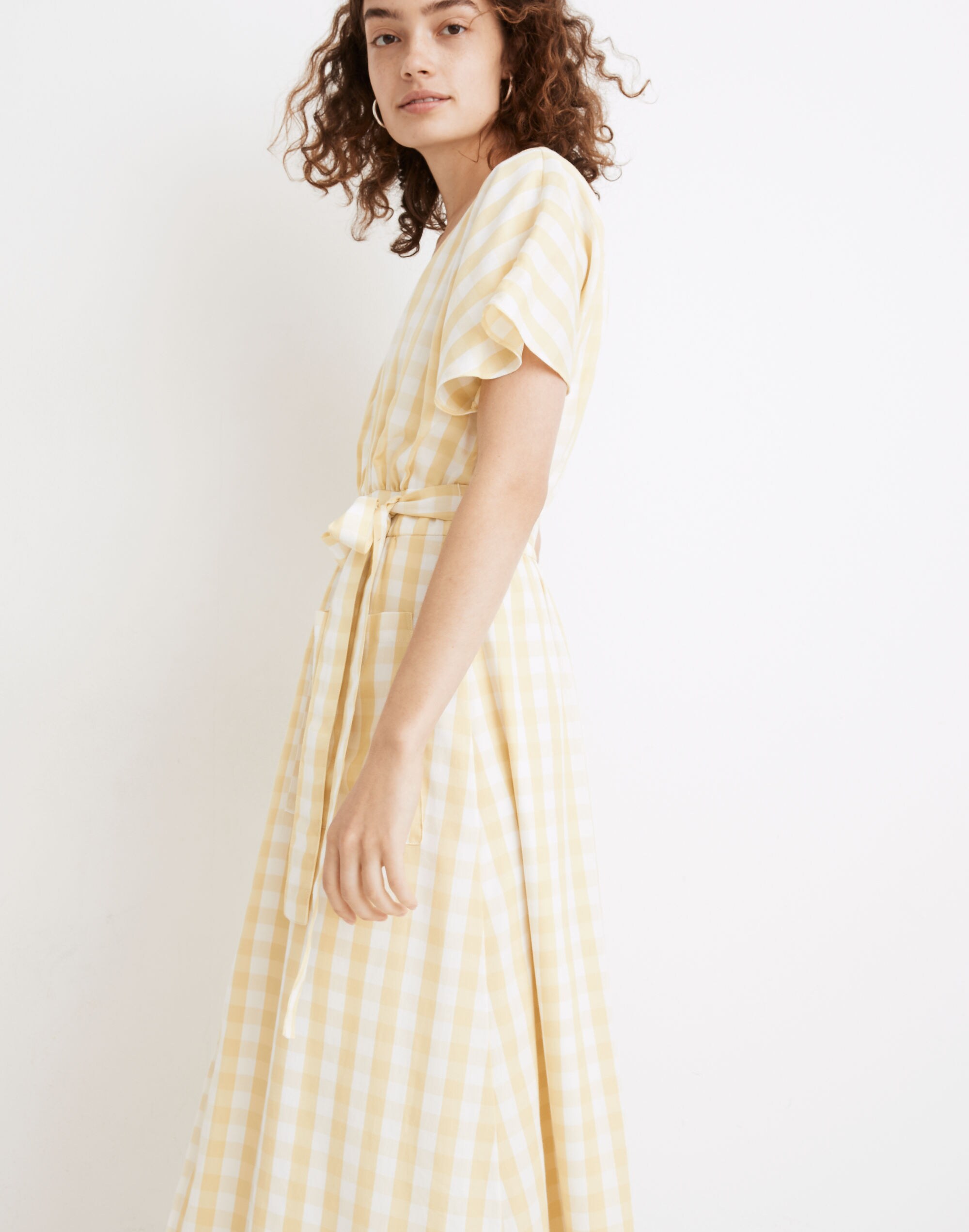 Dolman-Sleeve Tie-Waist Midi Dress in Gingham Check