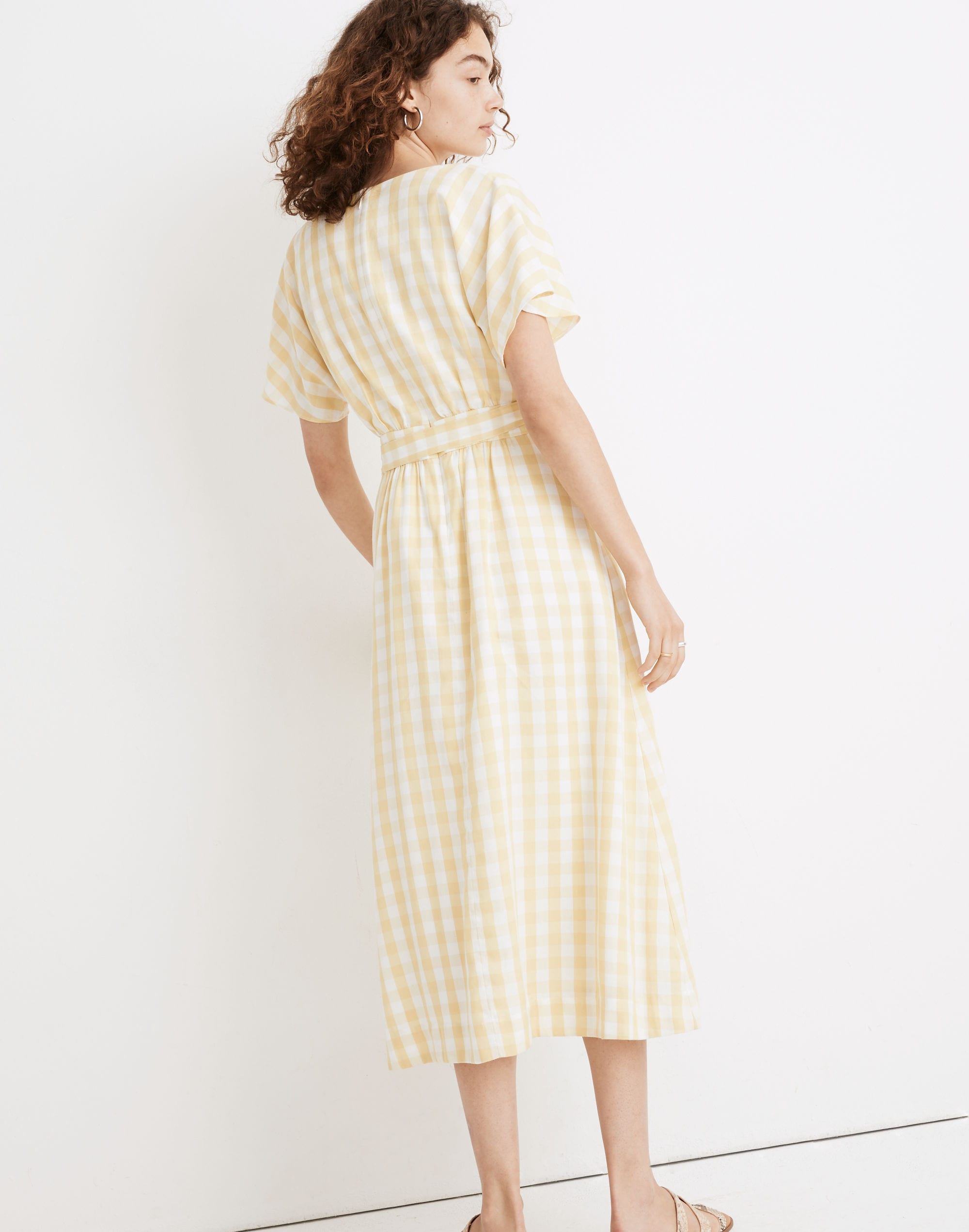 Dolman-Sleeve Tie-Waist Midi Dress in Gingham Check