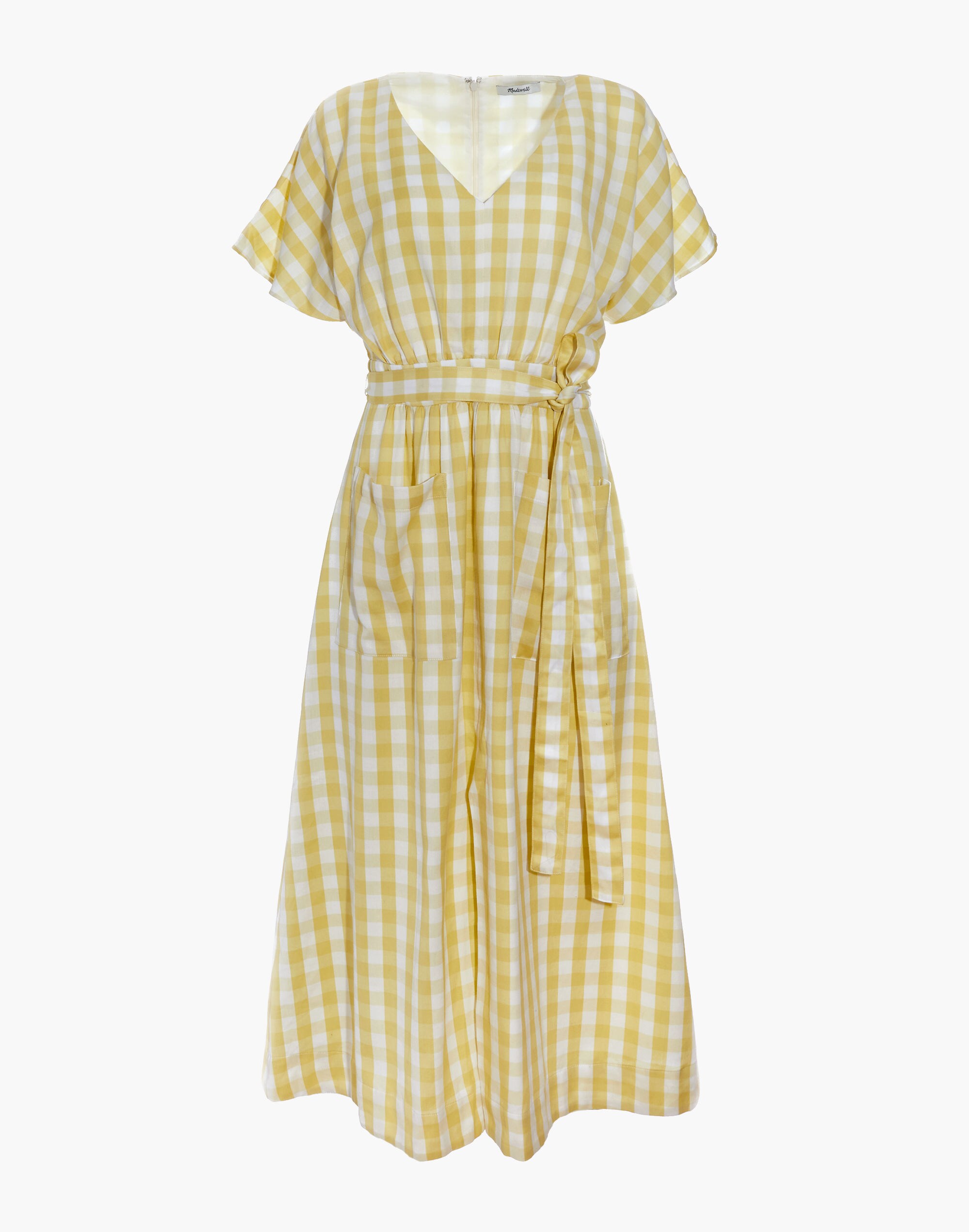 Dolman-Sleeve Tie-Waist Midi Dress in Gingham Check