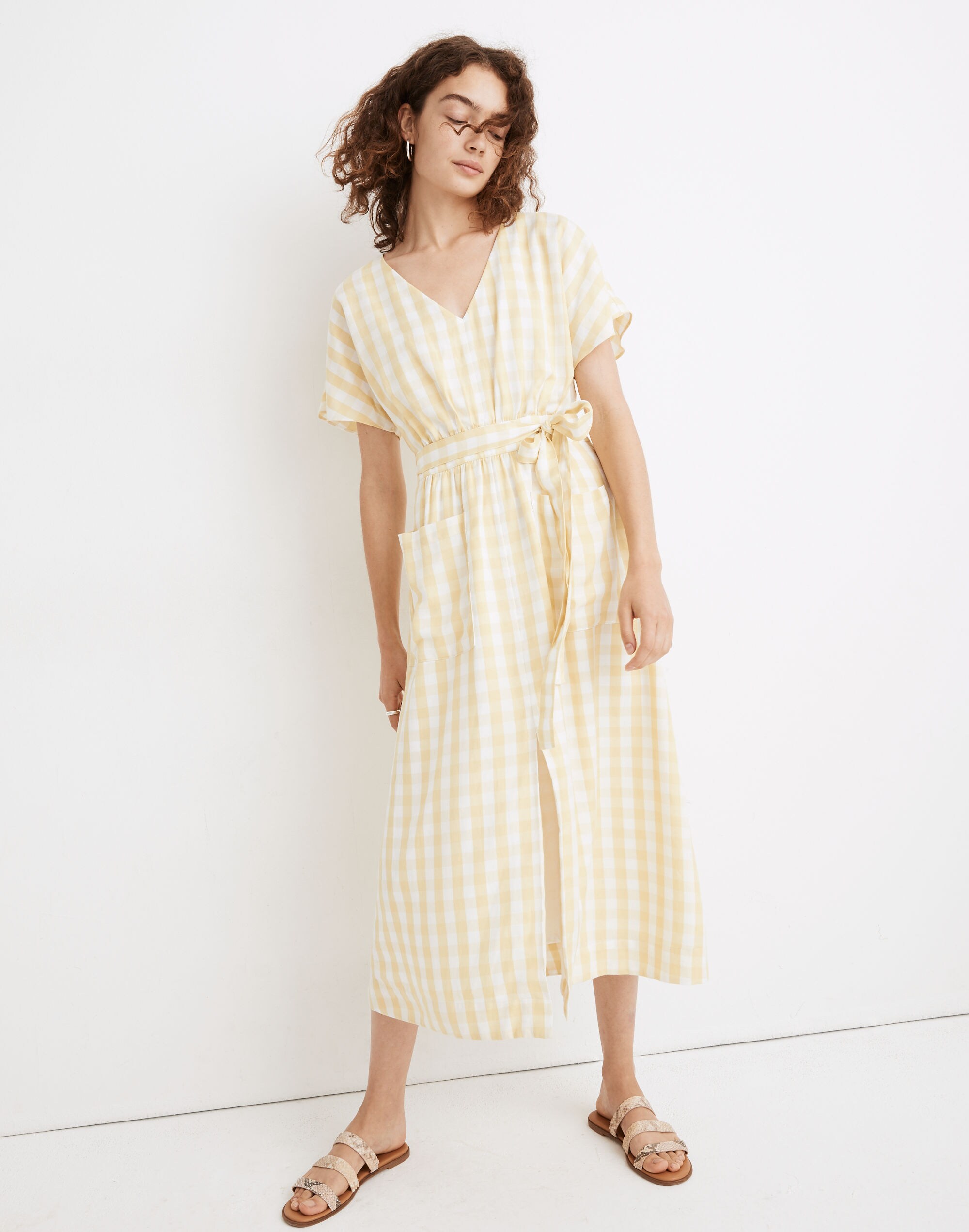 Dolman-Sleeve Tie-Waist Midi Dress in Gingham Check