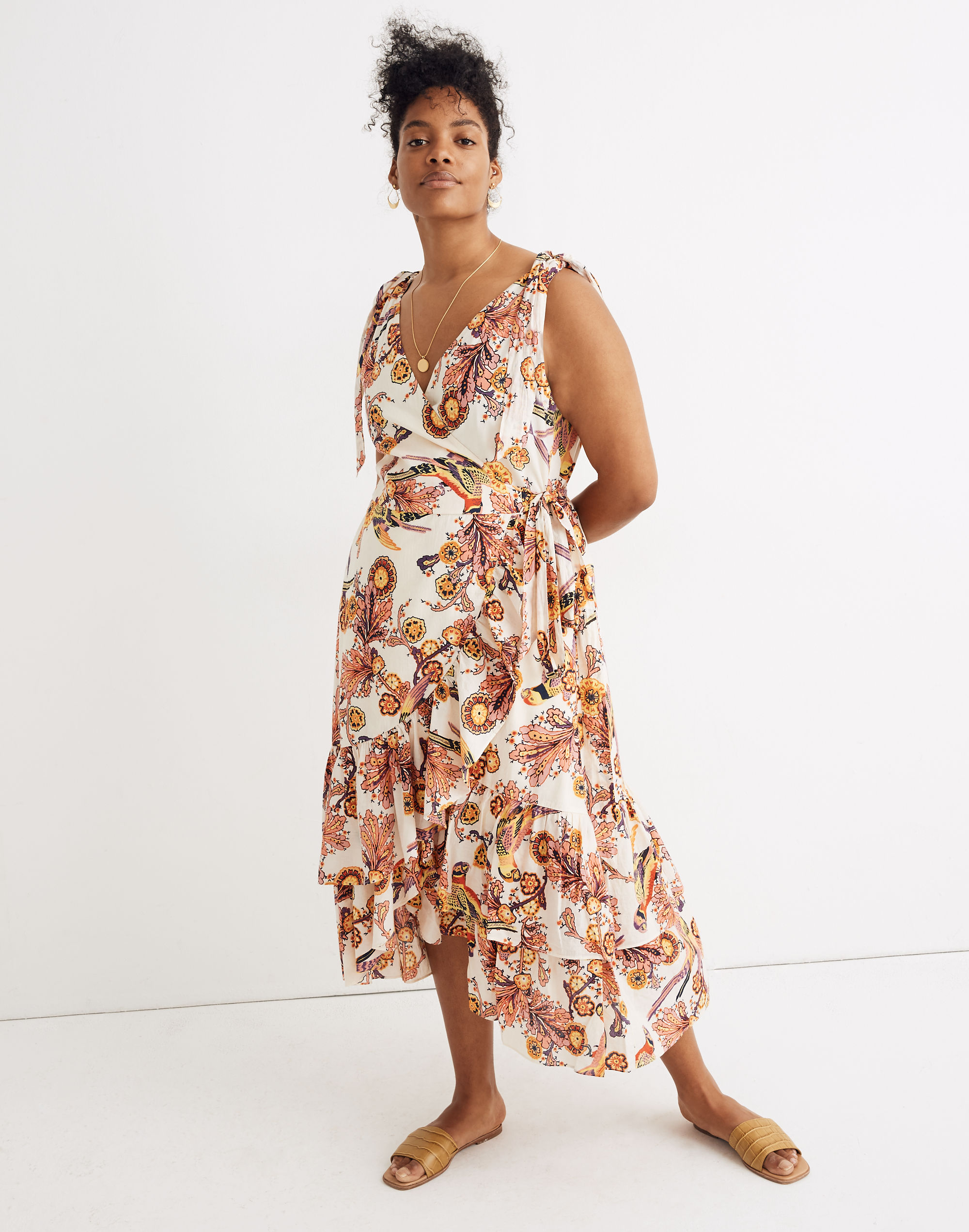 madewell x banjanan wrap ruffle-hem midi dress in bird print