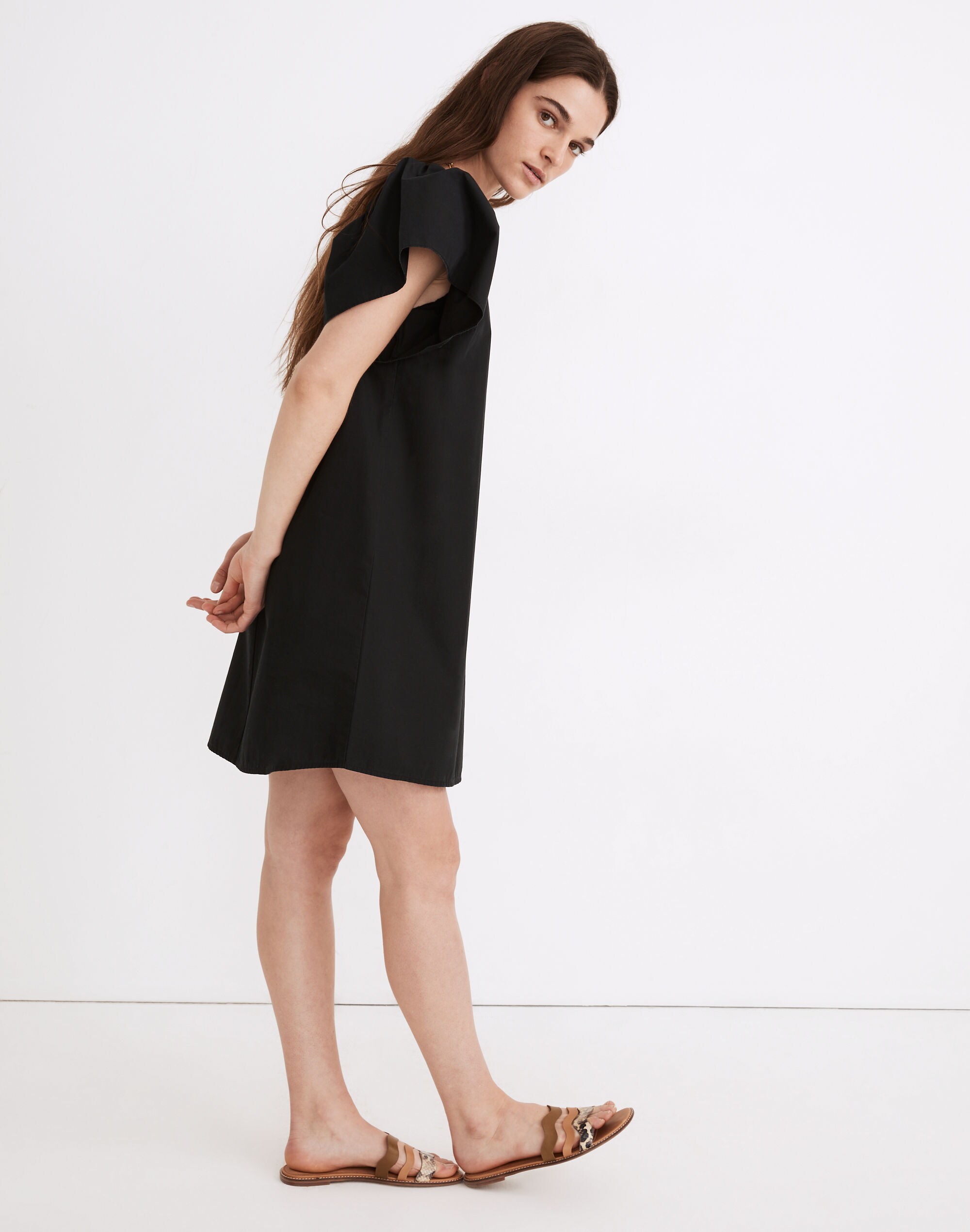 Poplin Flutter-Sleeve Shift Dress