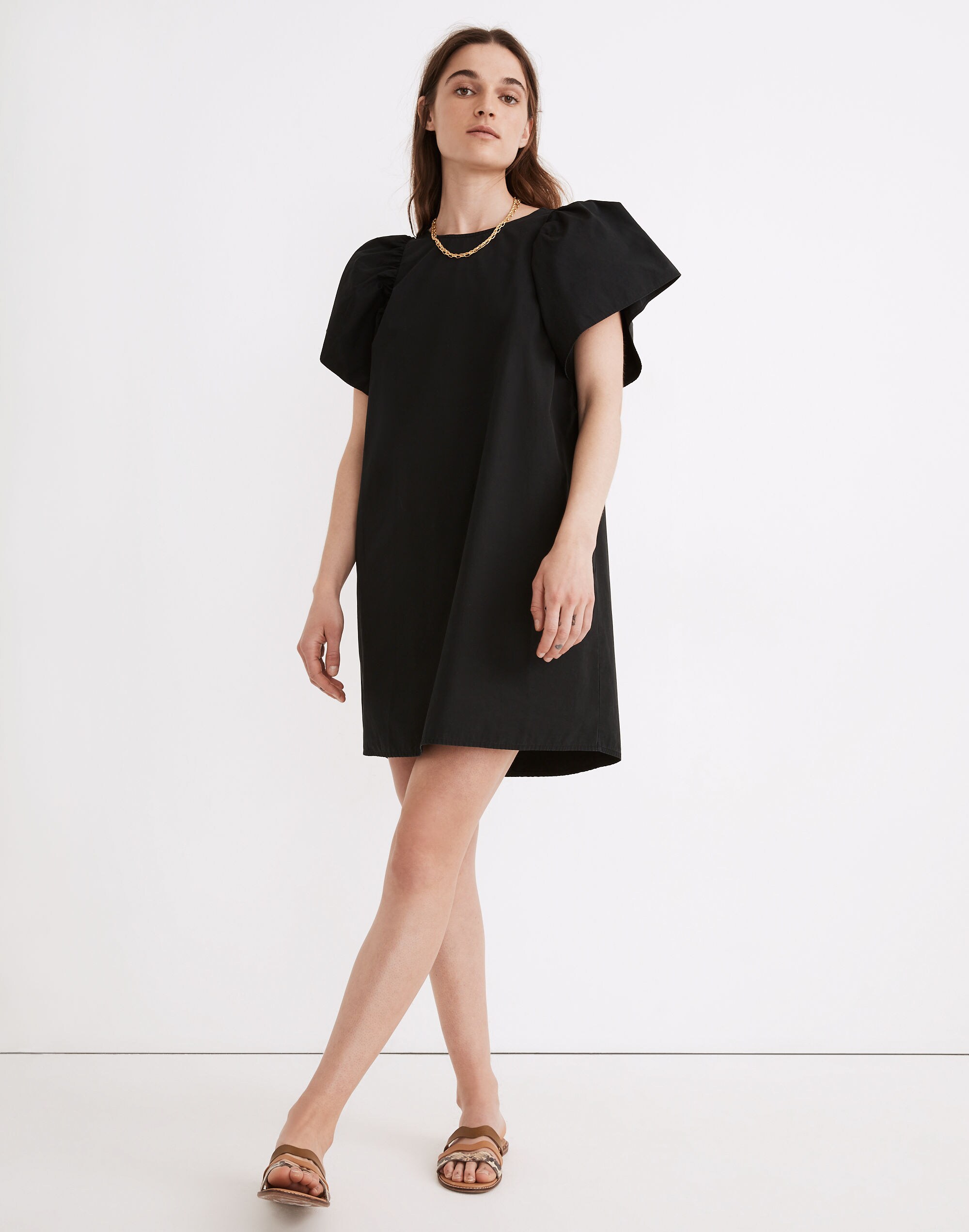 Poplin Flutter-Sleeve Shift Dress