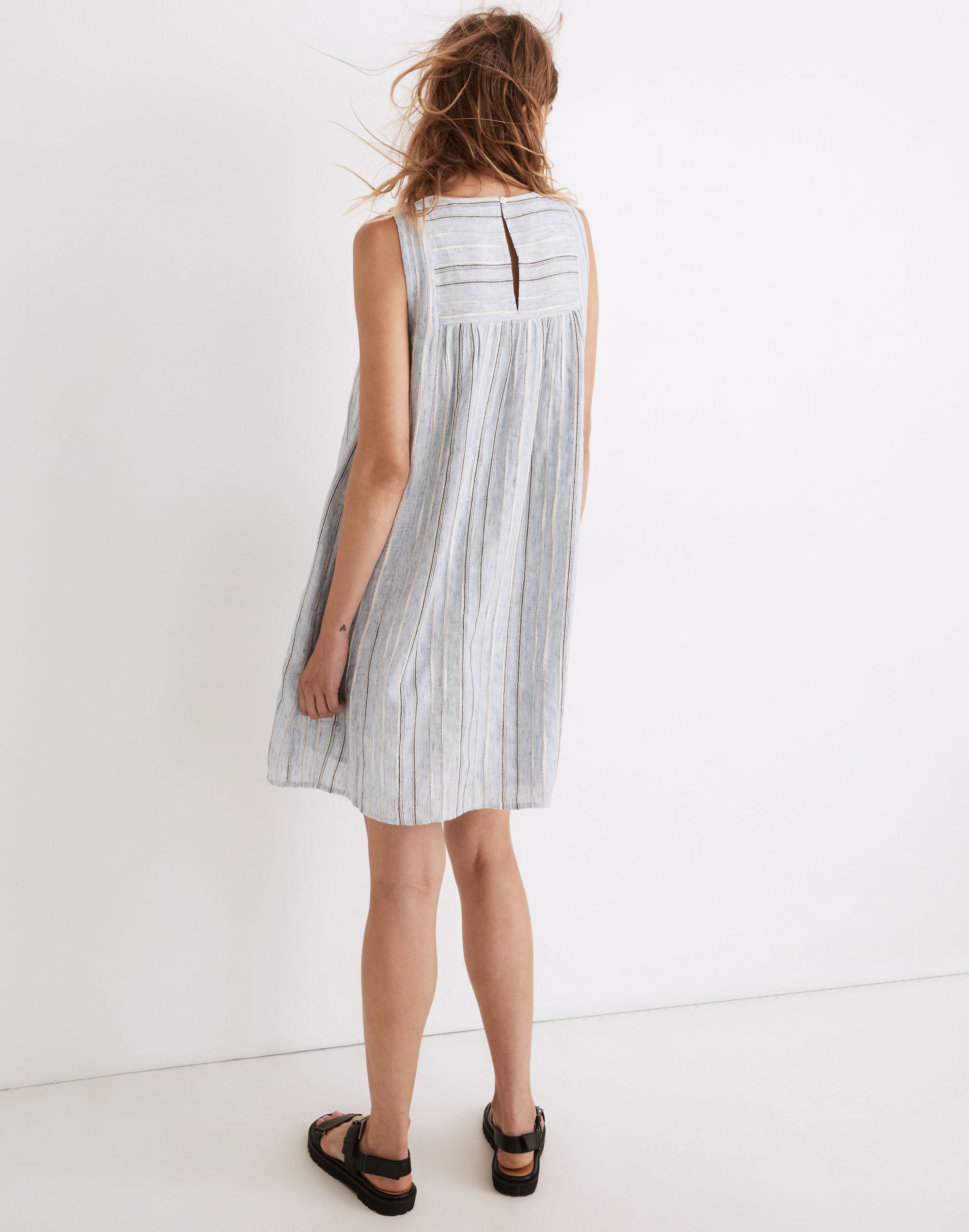 Sleeveless Yoked Mini Dress in Textured Stripe