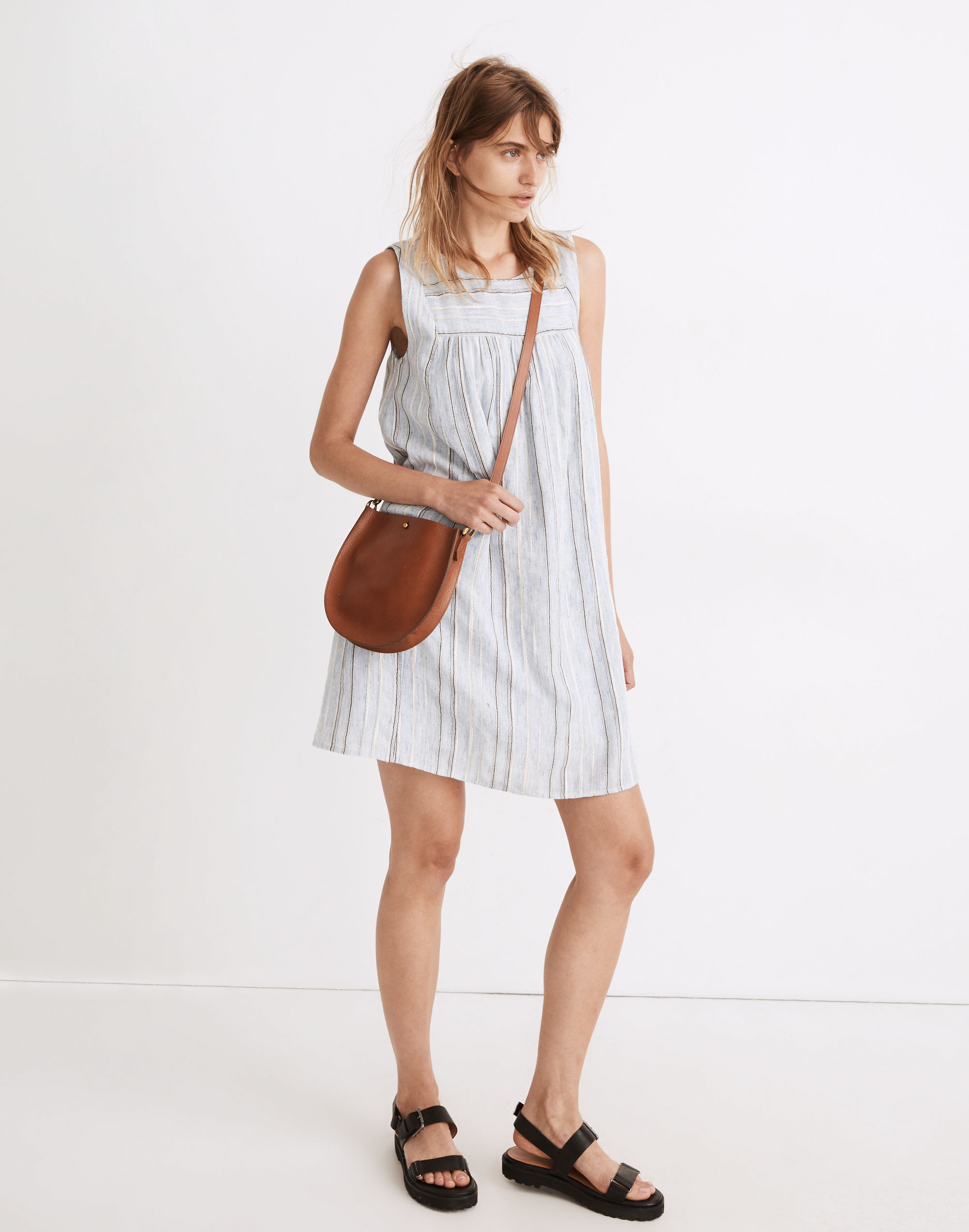 Sleeveless Yoked Mini Dress in Textured Stripe