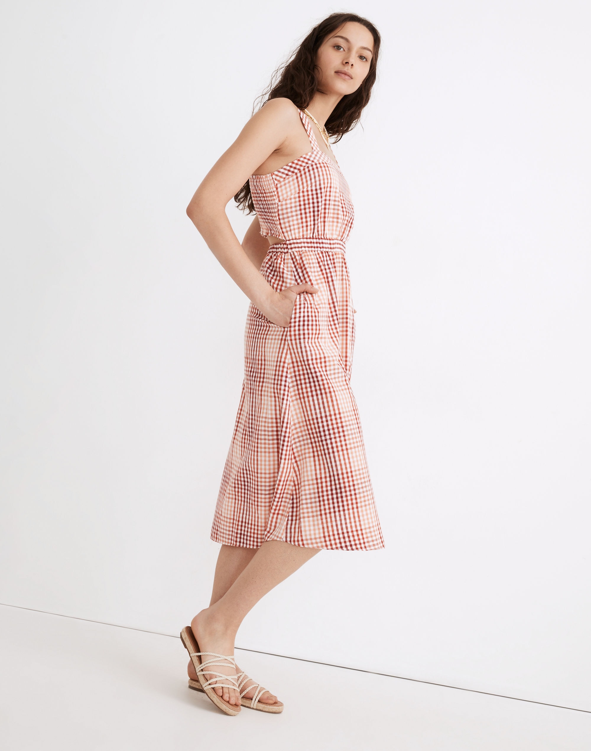 Cutout-Back Midi Dress in Gingham Plaid