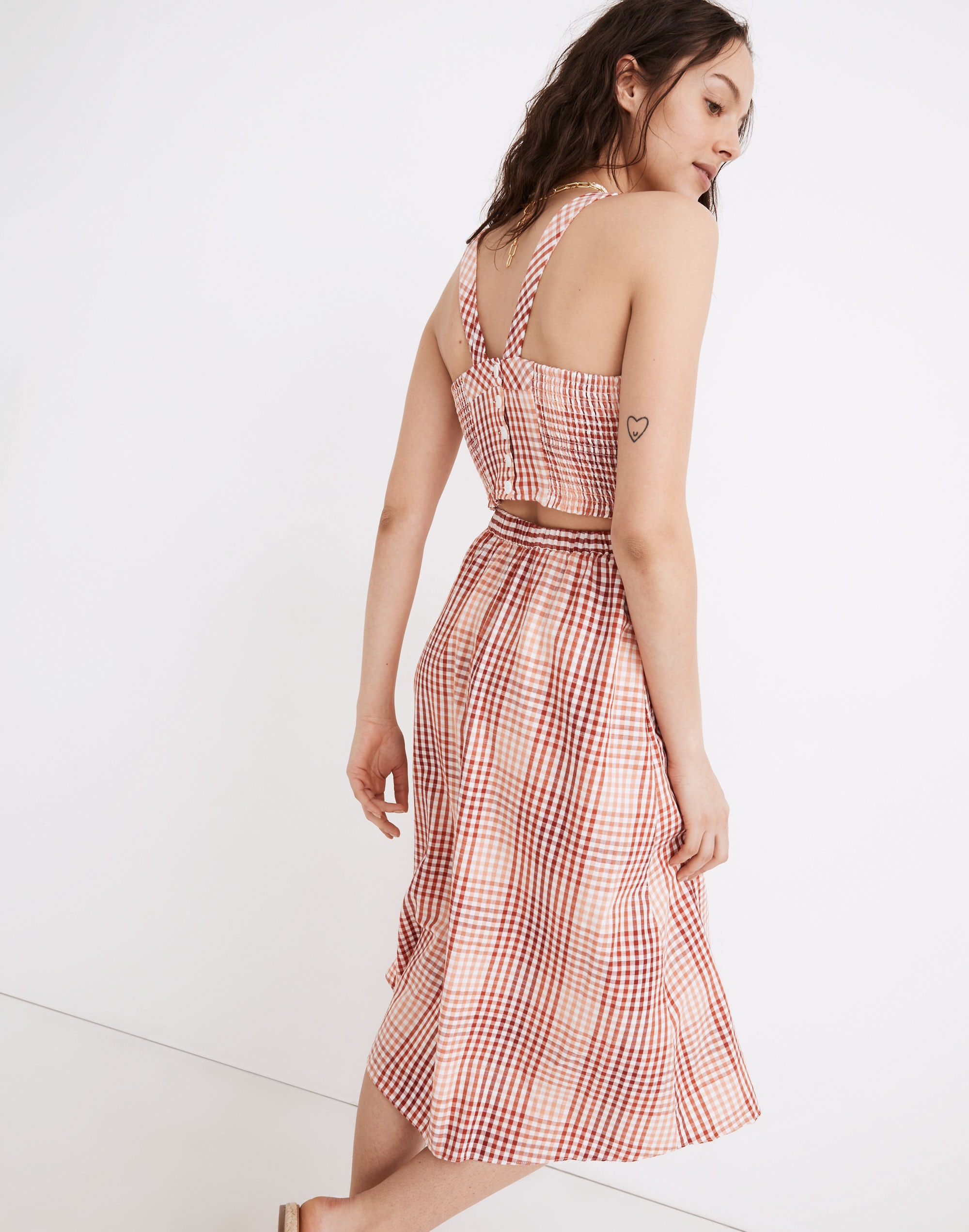 Cutout-Back Midi Dress in Gingham Plaid