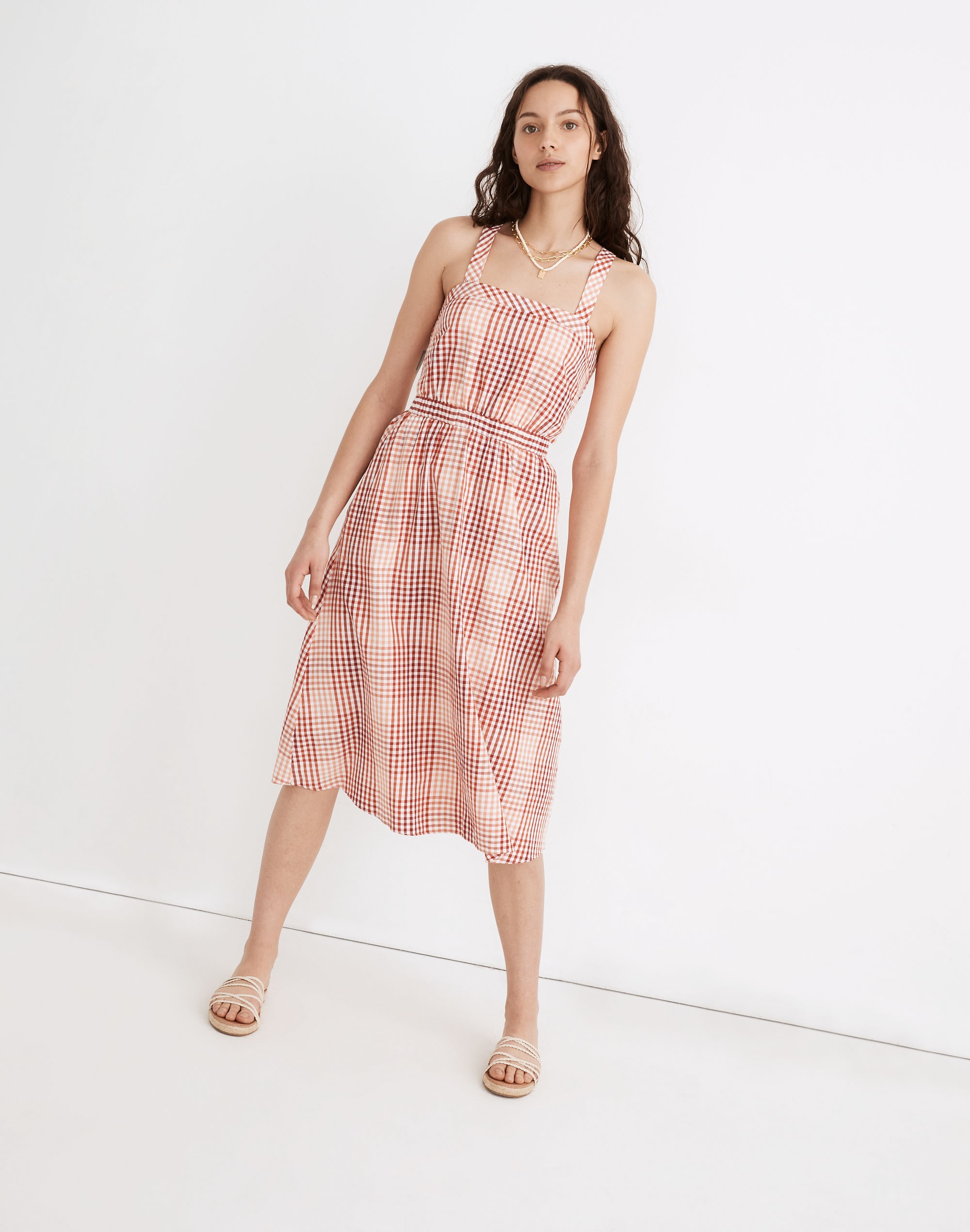 Cutout-Back Midi Dress in Gingham Plaid
