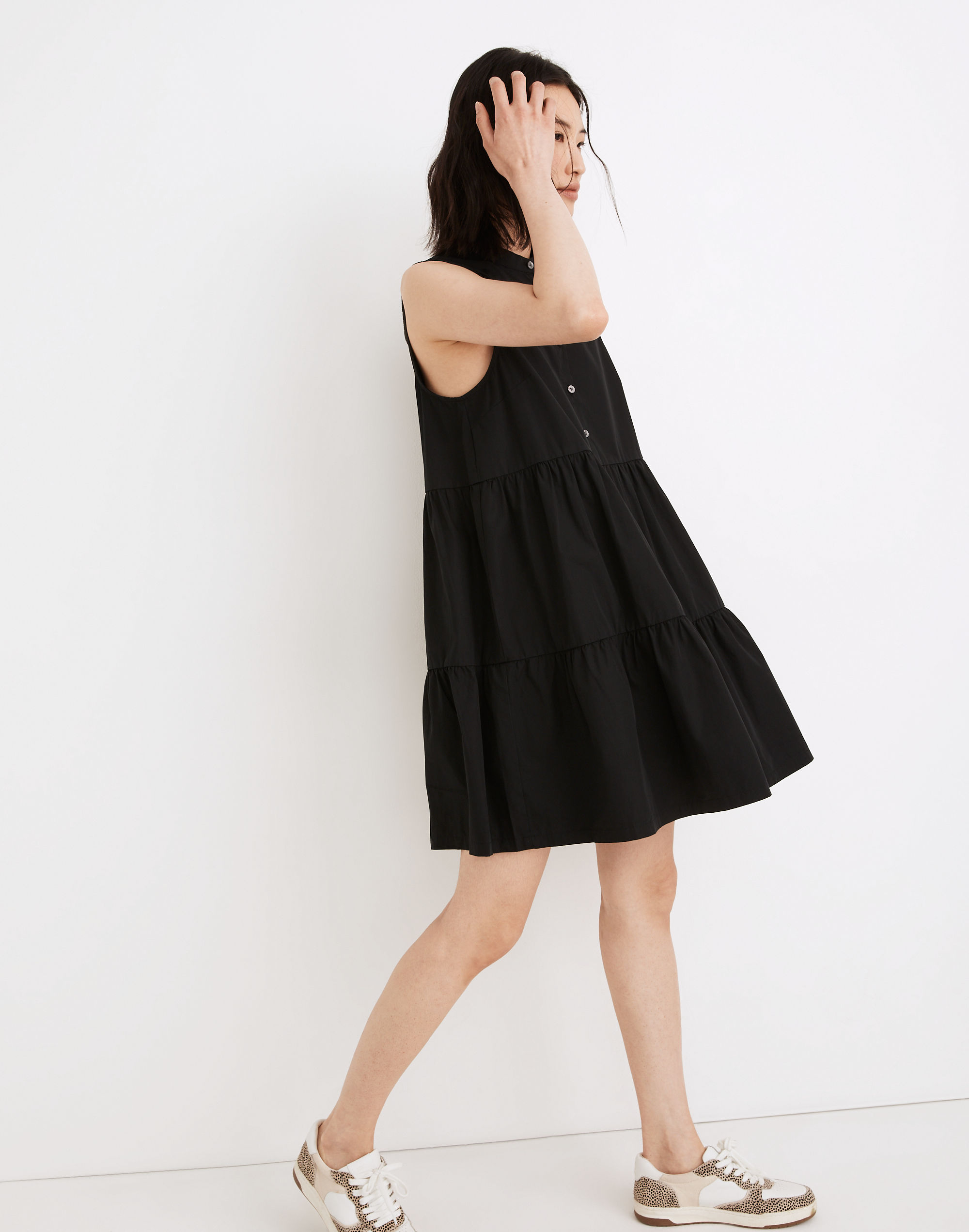 Banded-Collar Tiered Dress