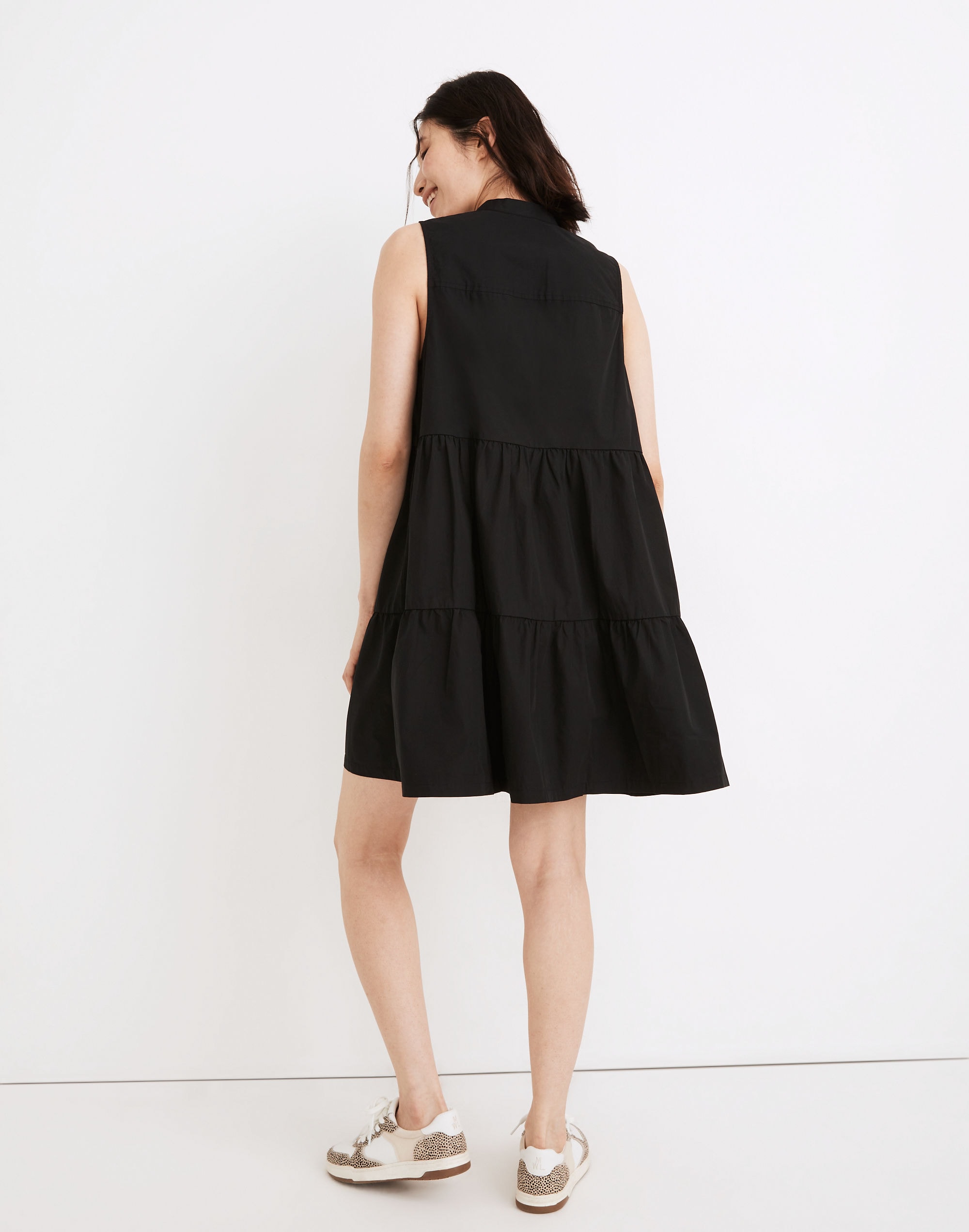 Banded-Collar Tiered Dress