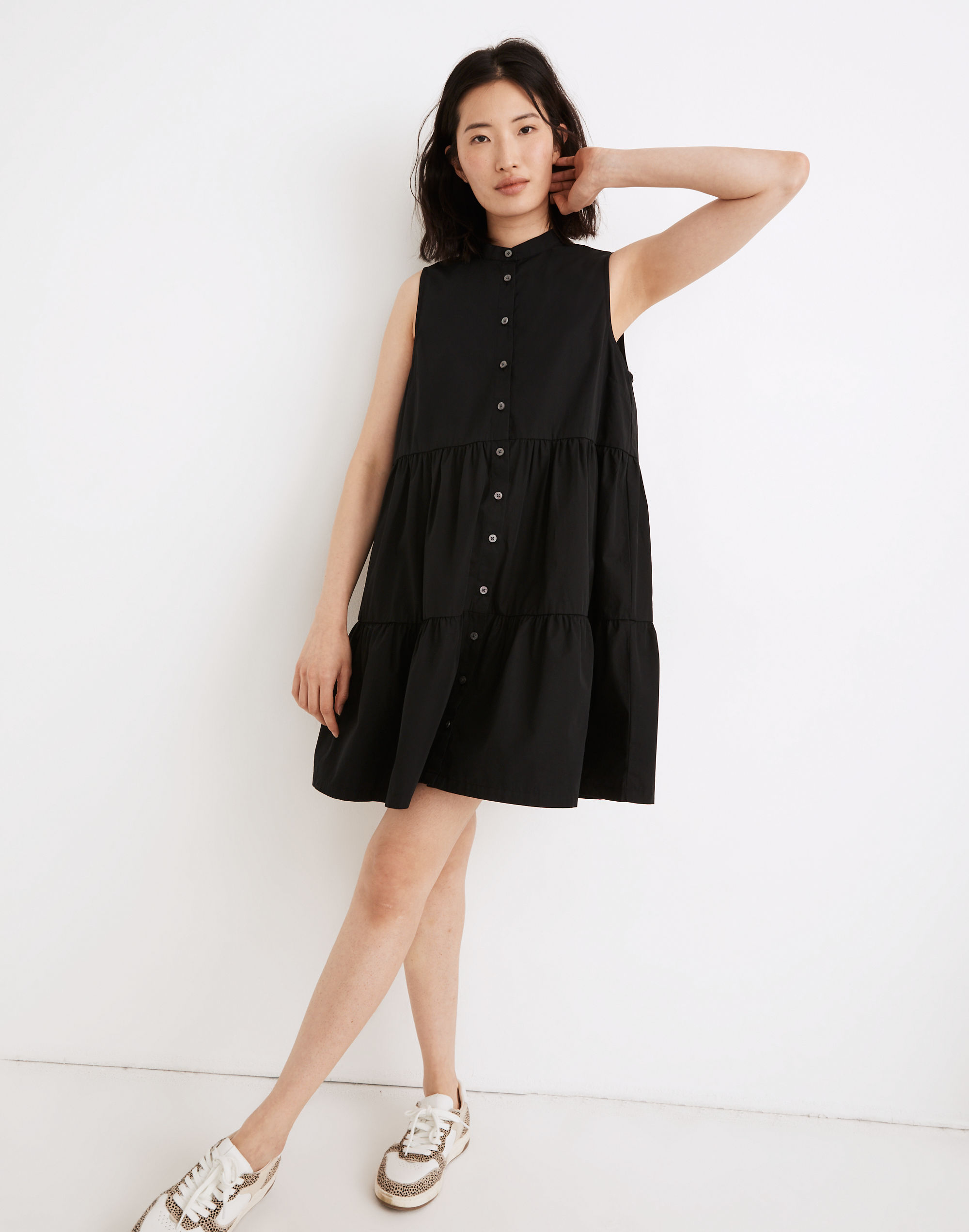 Banded-Collar Tiered Dress