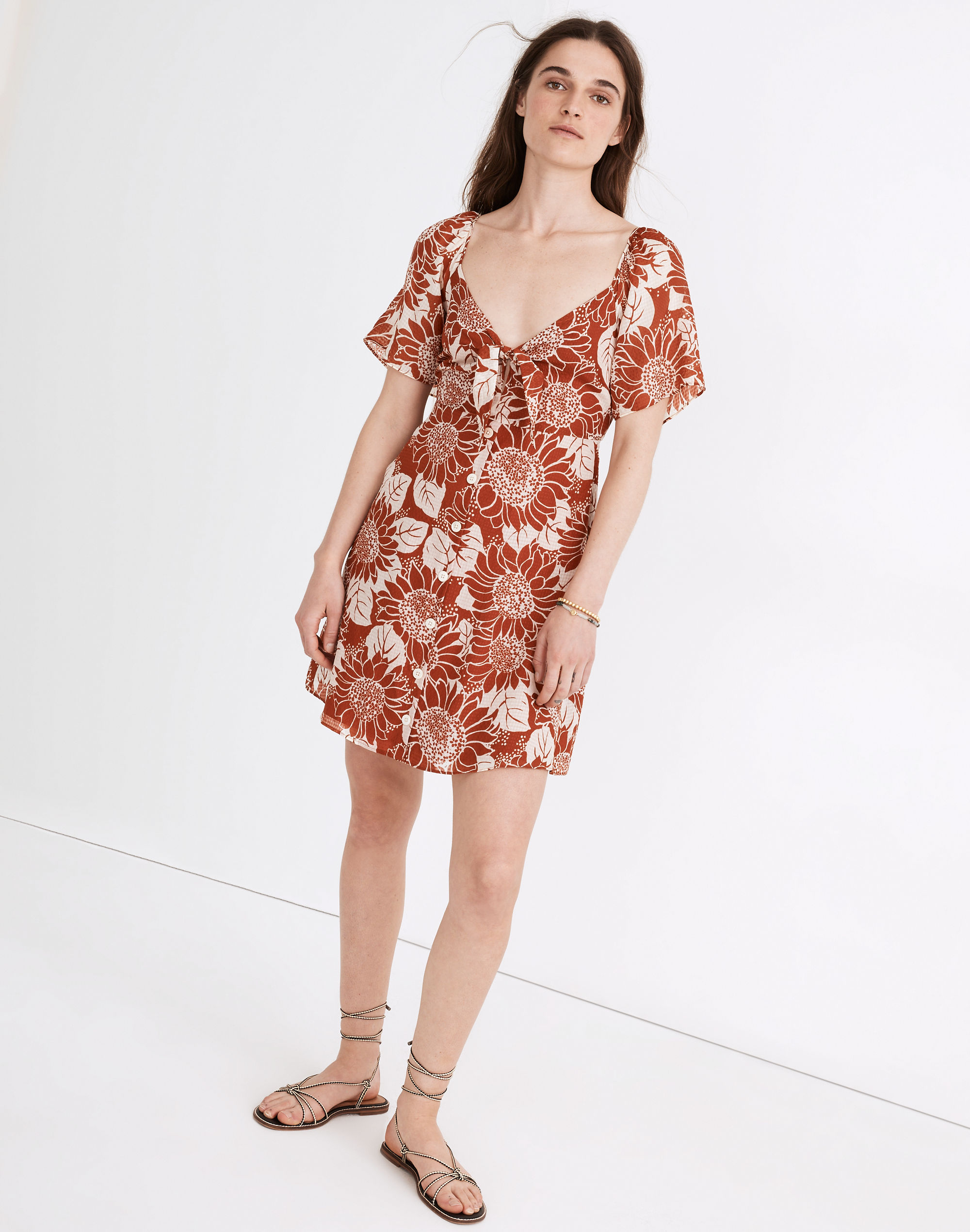 Silk Tie-Front Mini Dress in Sunflower Season