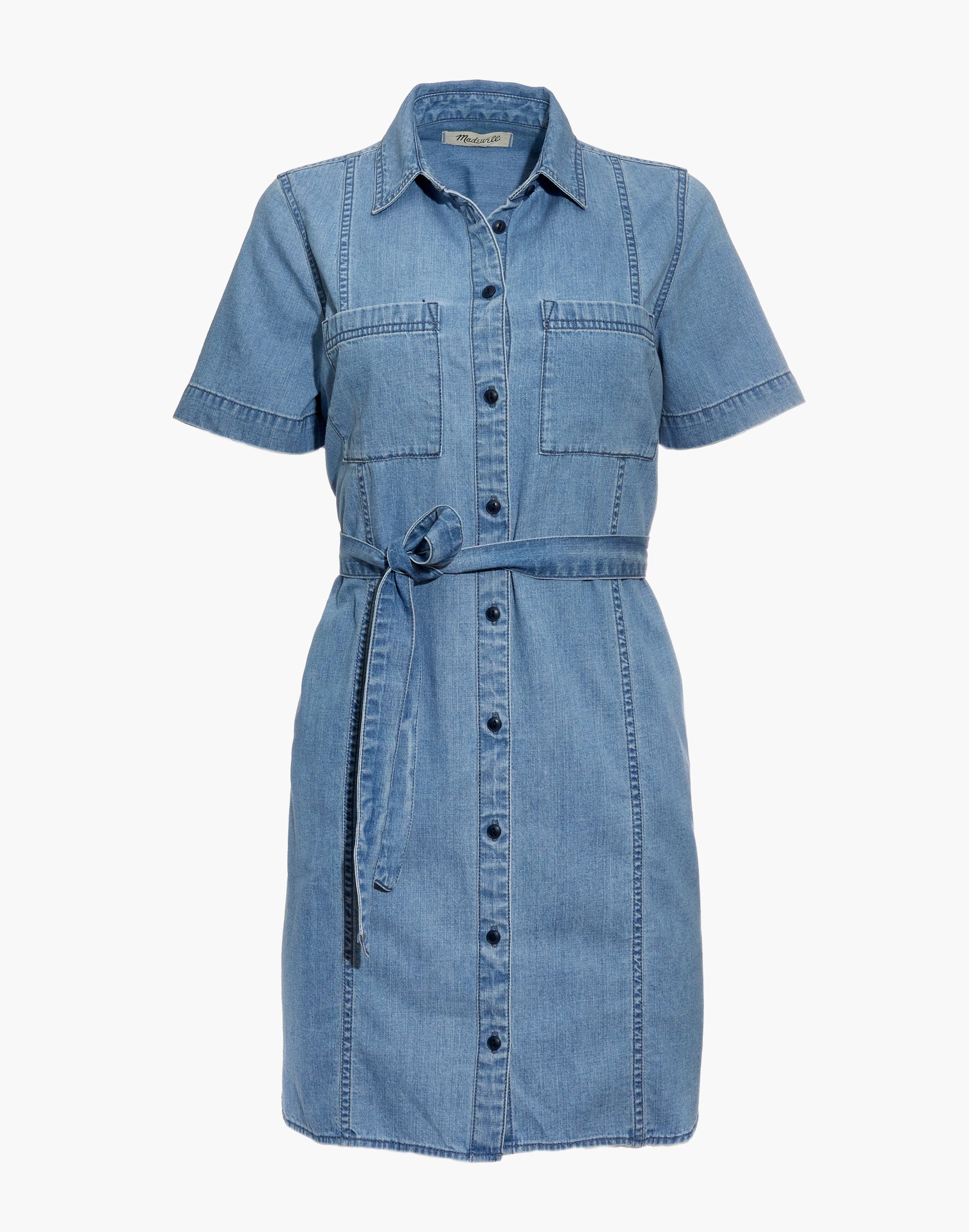 denim seamed courier tie-waist shirtdress