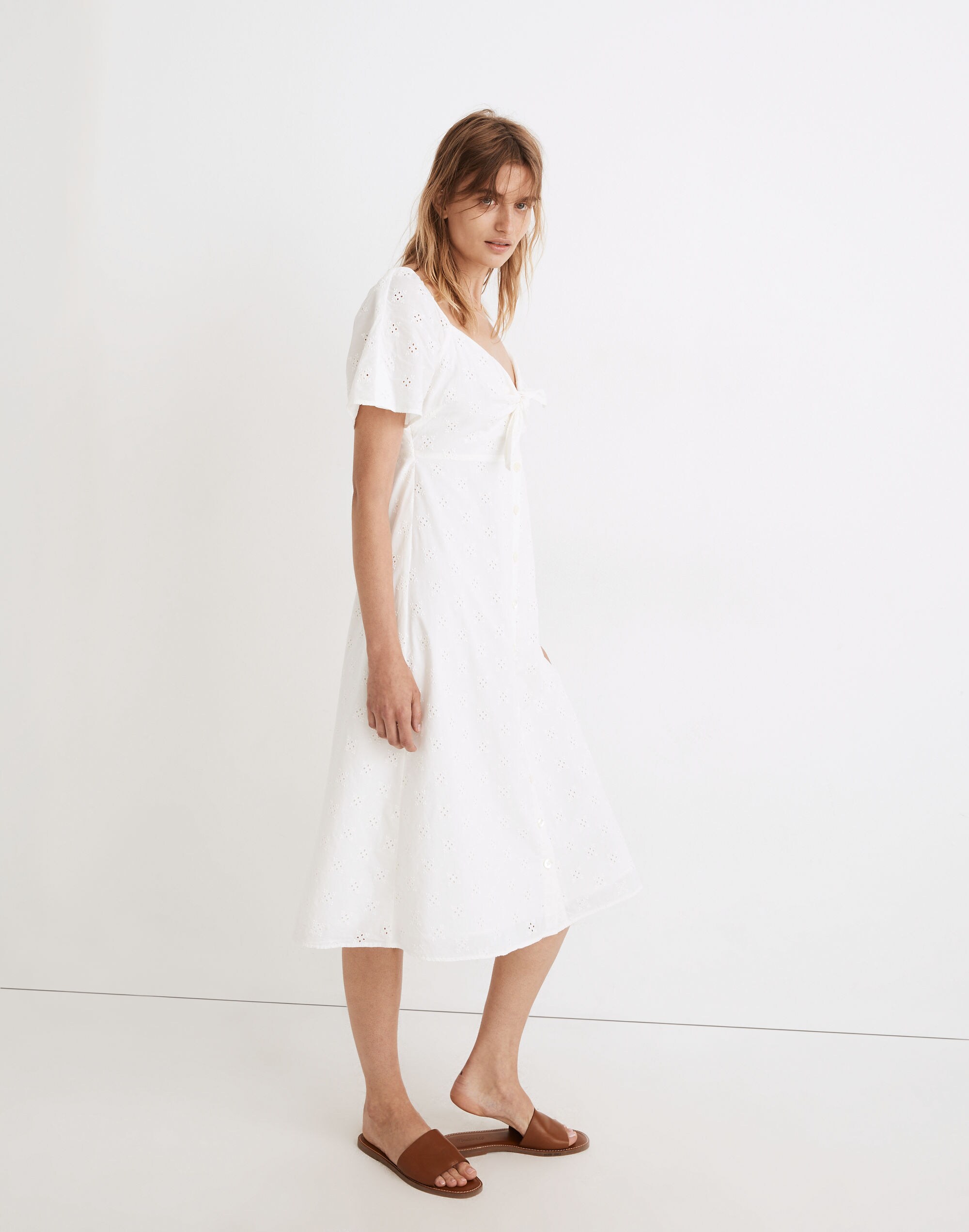 Eyelet Tie-Front Midi Dress
