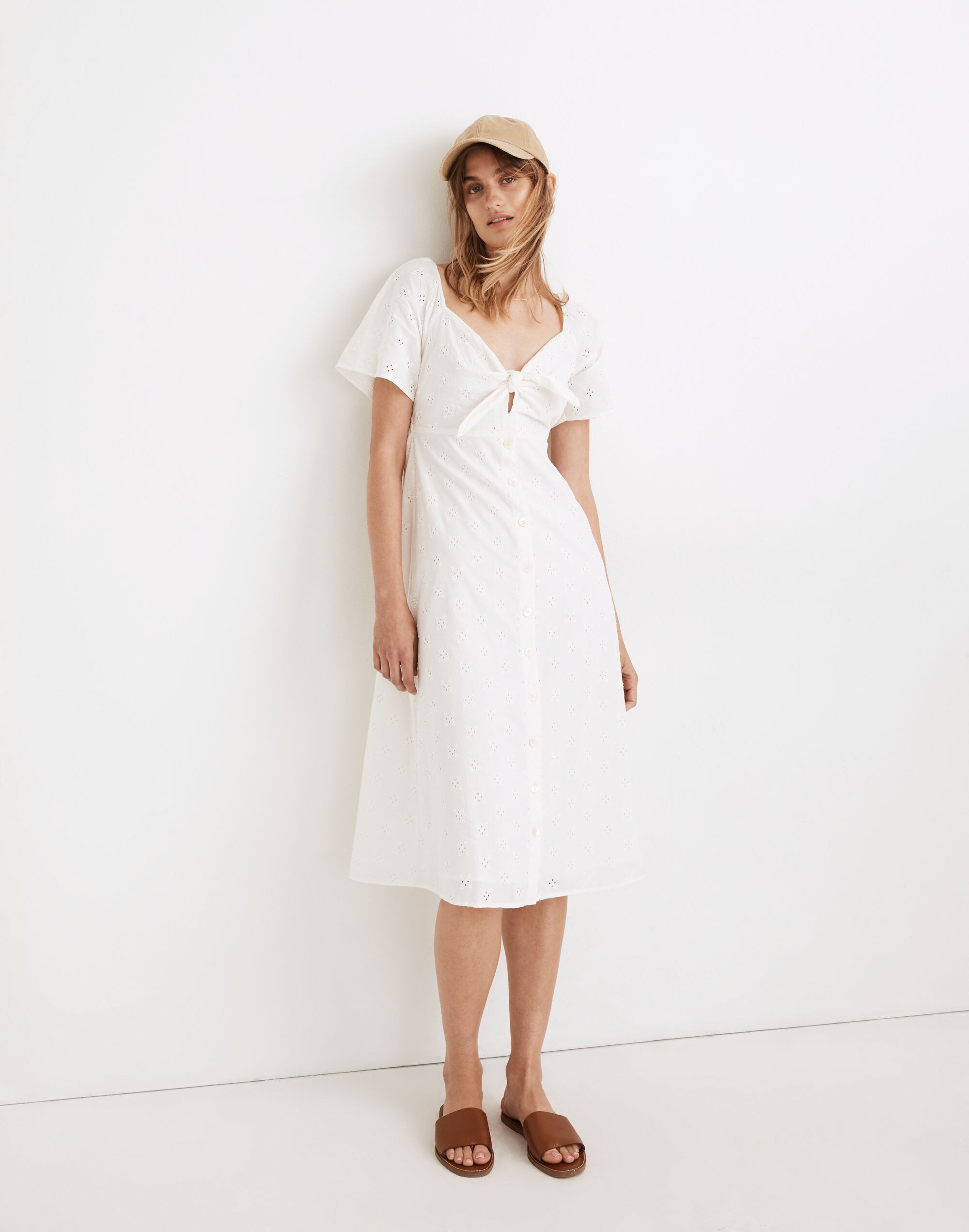 Eyelet Tie-Front Midi Dress