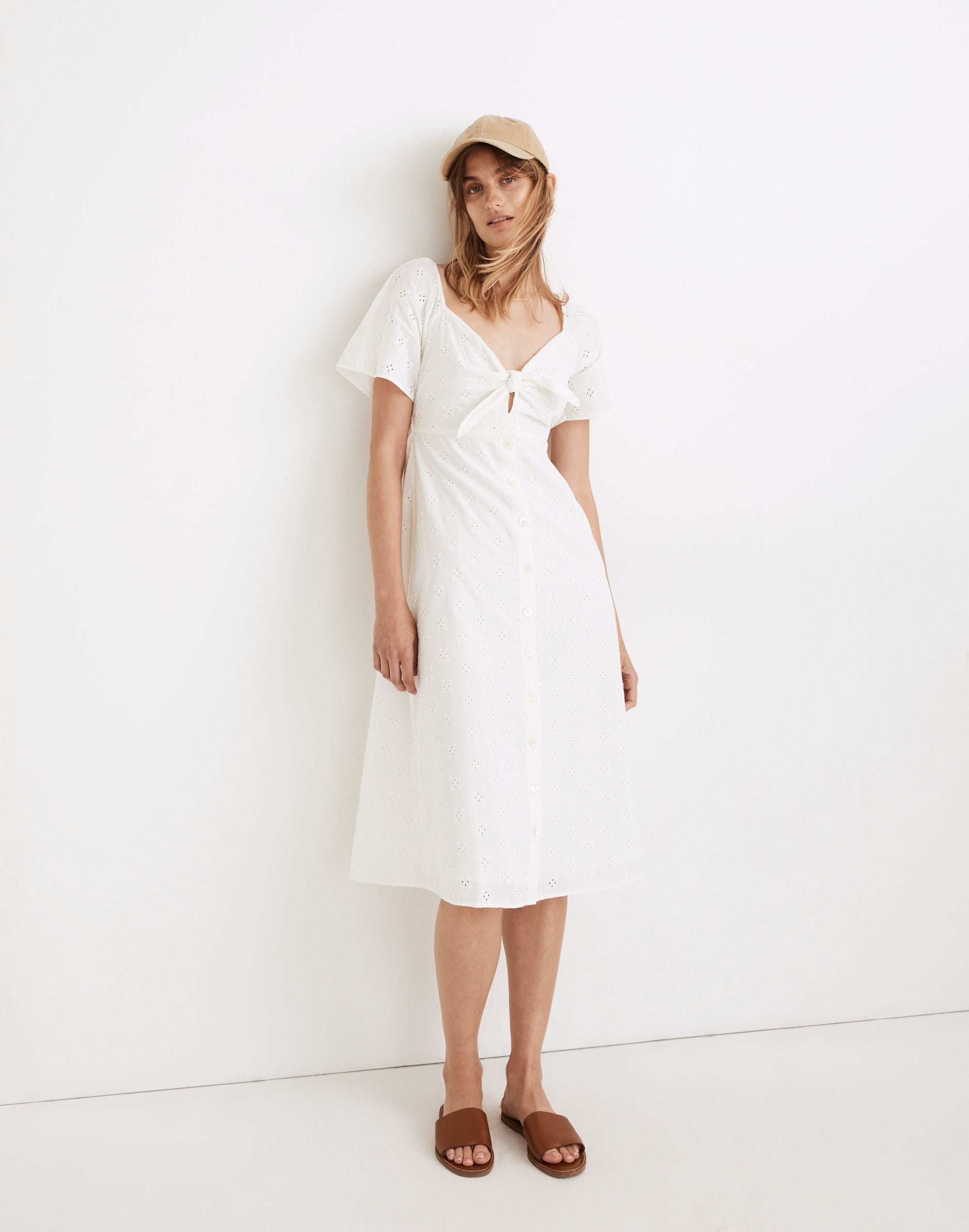 eyelet tie-front midi dress