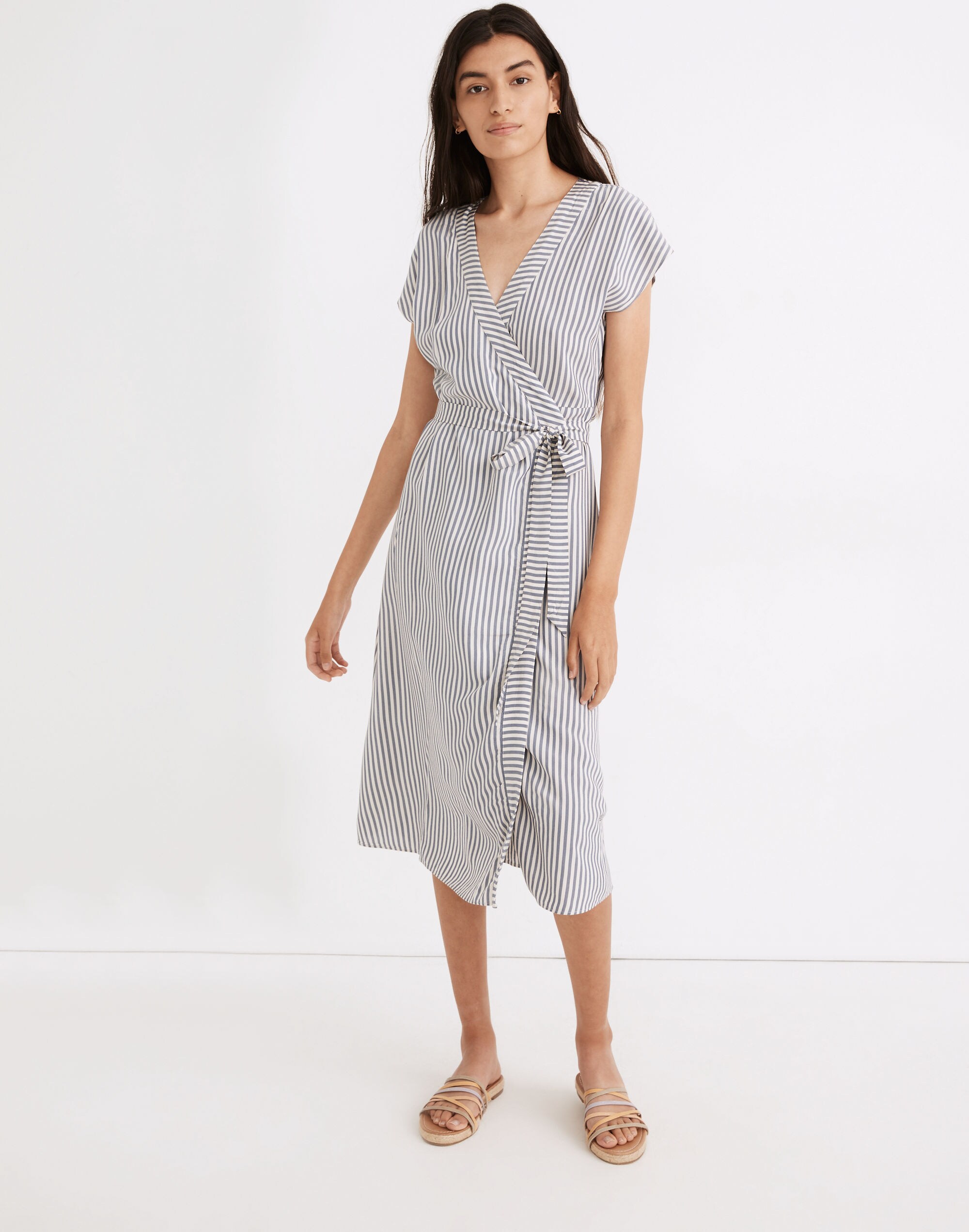 Striped Cap-Sleeve Wrap Dress