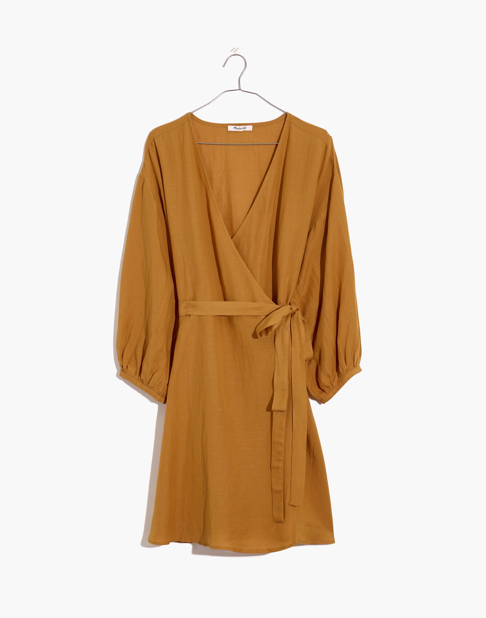 linen-blend balloon-sleeve wrap dress