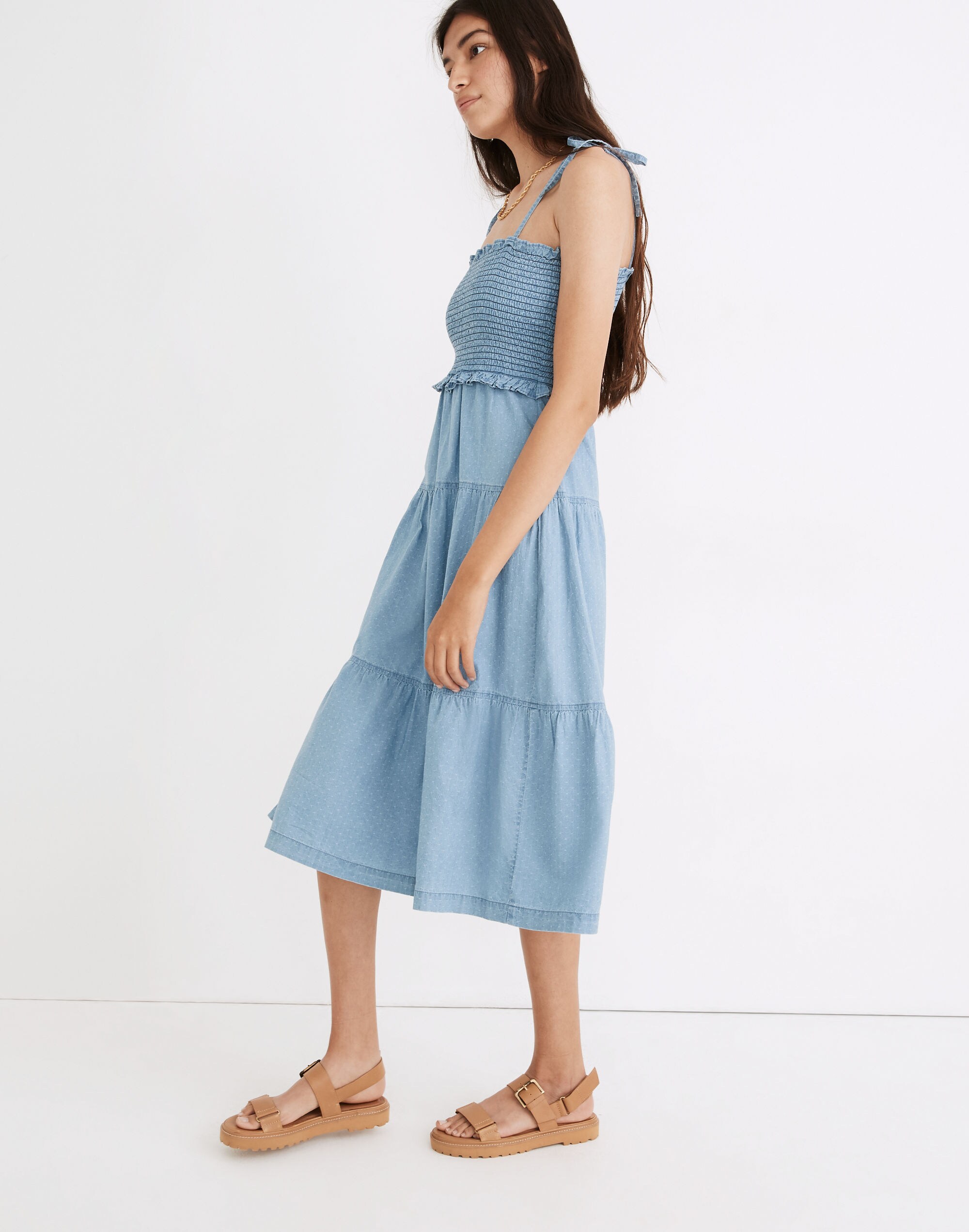 Denim Lucie Tie-Strap Smocked Midi Dress