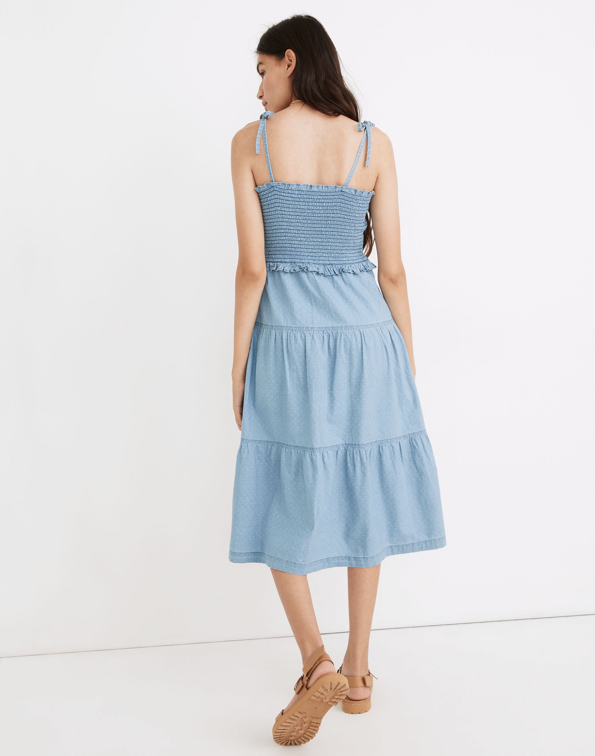 Denim Lucie Tie-Strap Smocked Midi Dress